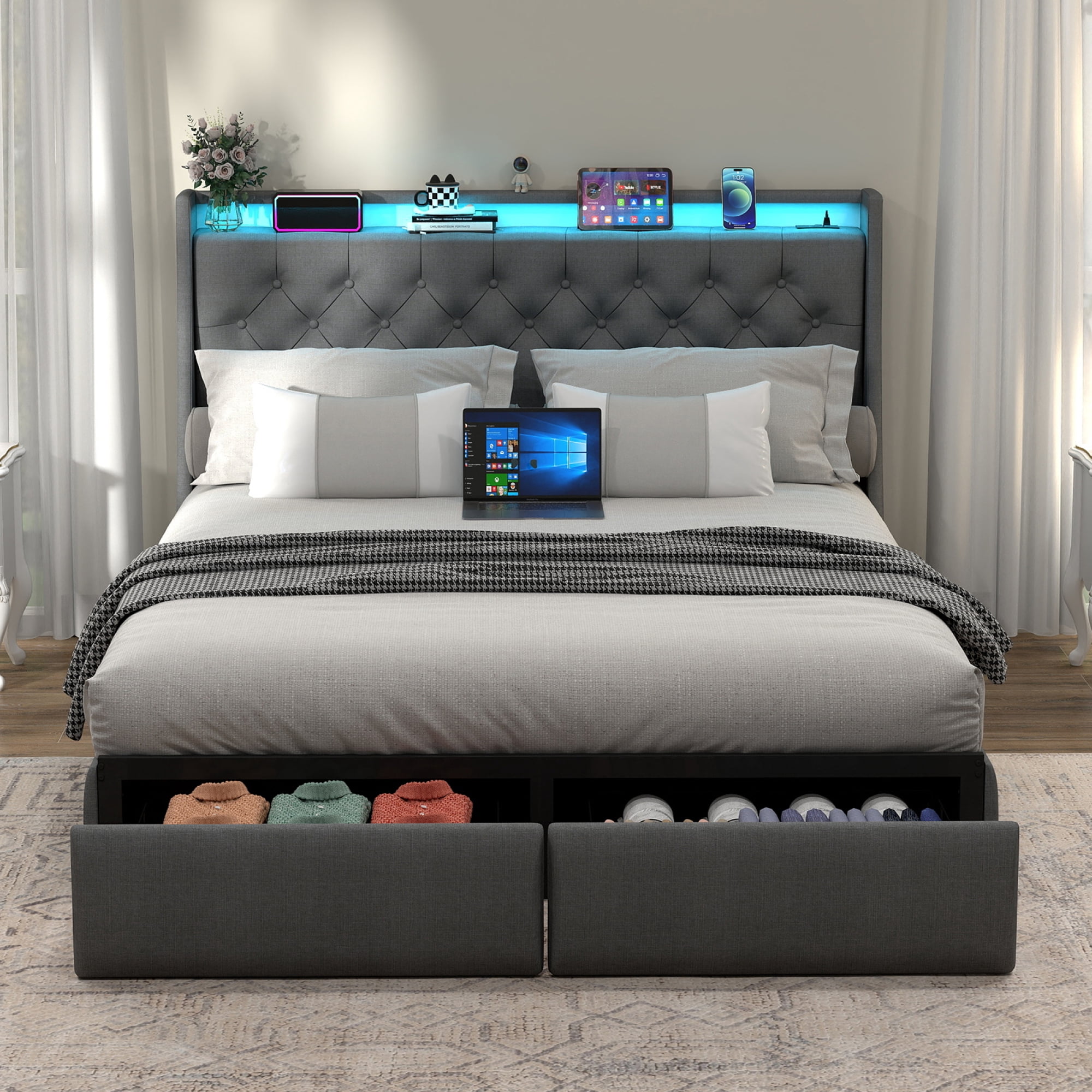 Leumius Queen Size Bed Frame with 2 Storage Drawers & Headboard Shelf, RGB LED Light & AC+USB+Type-C Charging Station for Teen and Adult Grey