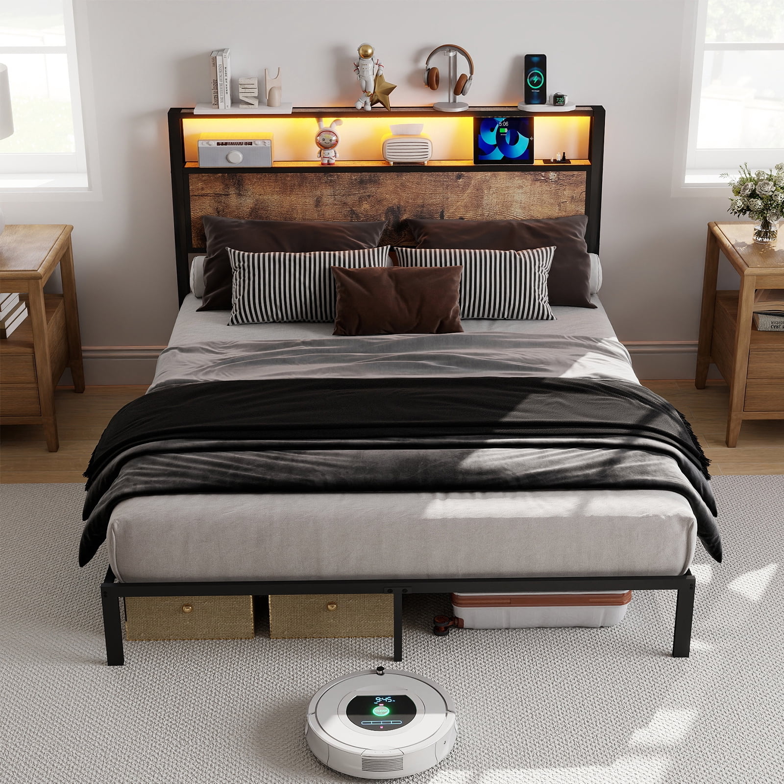 Leumius Queen Size Bed Frame with Headboard, Platform Bed with RGB LED Light & Charging Station & Under Bed Storage Space, Easy Assembly, Brown