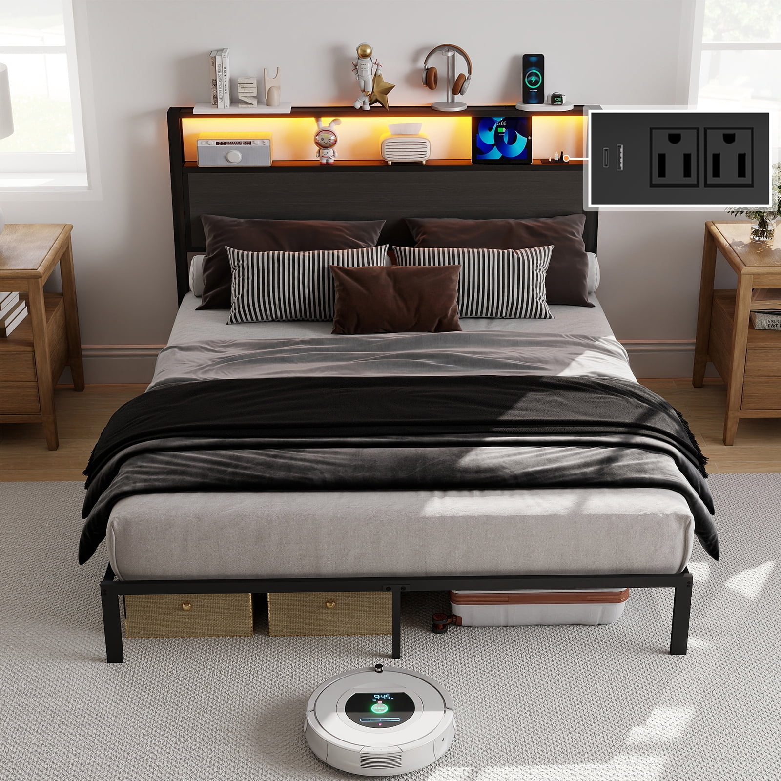 Leumius Queen Size Bed Frame with Headboard, Platform Bed with RGB LED Light & Charging Station & Under Bed Storage Space, Easy Assembly,Dark Gray