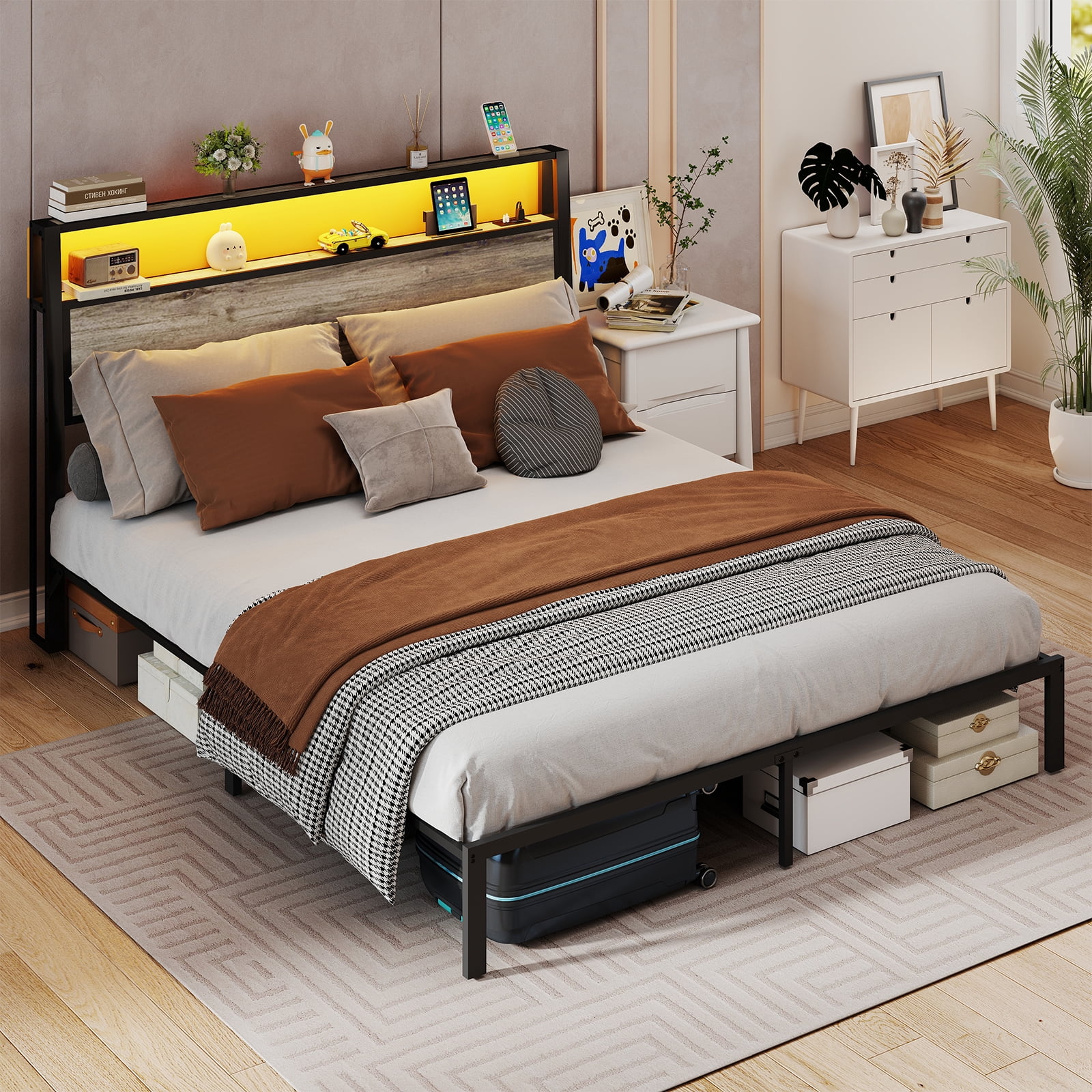 Leumius Queen Size Bed Frame with Headboard, Platform Bed with RGB LED Light & Charging Station & Under Bed Storage Space, Easy Assembly, Gray