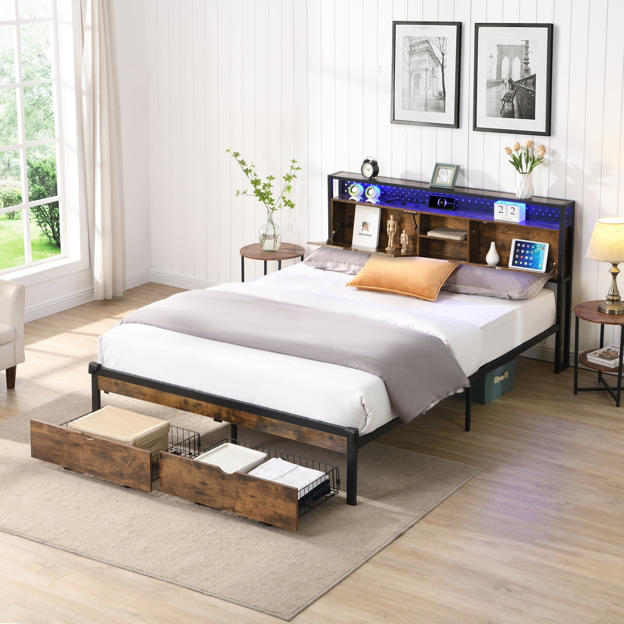 Leumius Queen Size Bed Frame with LED Lights, Industrial Platform Bed with Charging Station & 2 Drawers & Storage Shelf, Queen