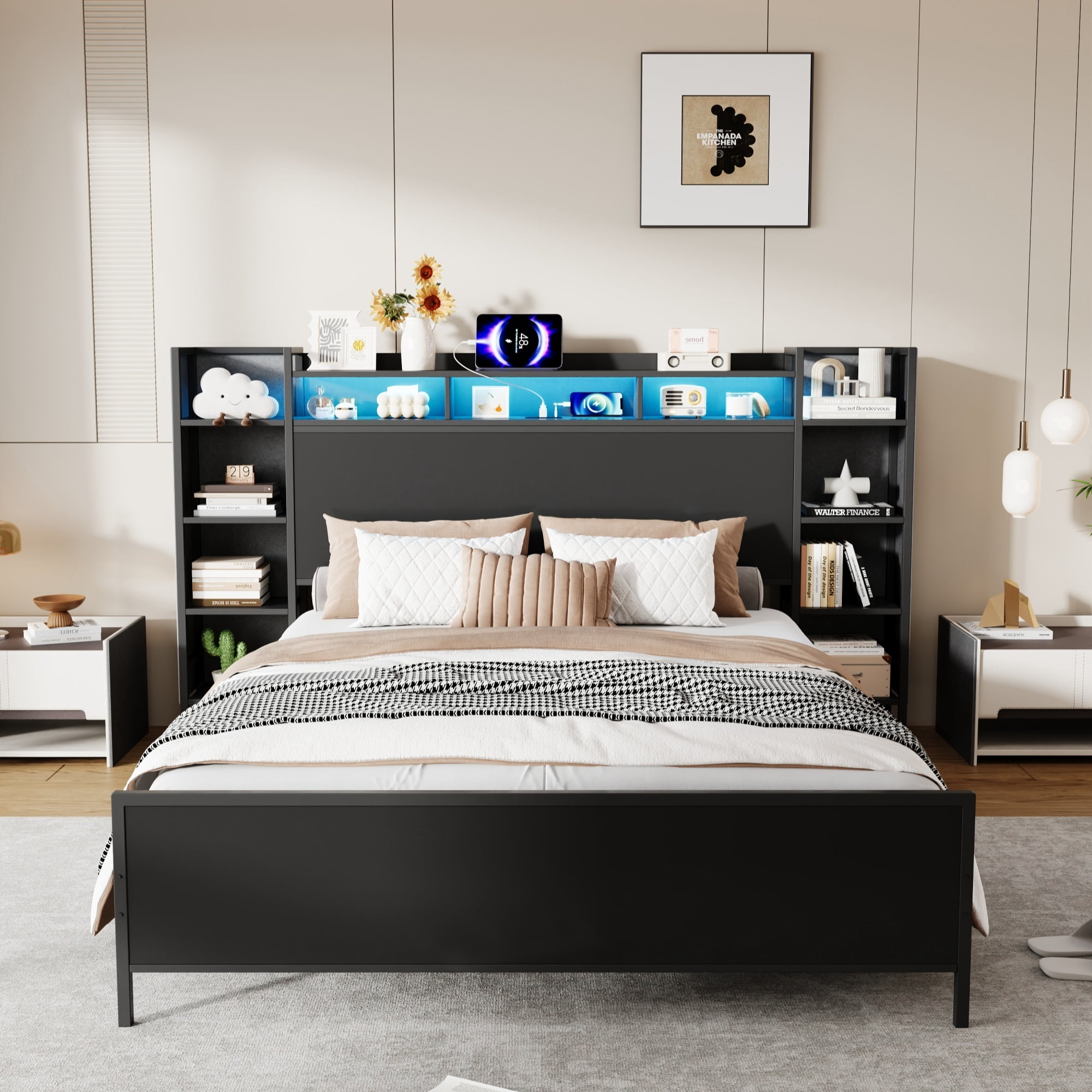 Leumius Queen Size Bed Frame with Storage Headboard and LED Lights,Heavy Duty Metal Platform Bed with USB Charging Station,No Box Spring Needed,Black
