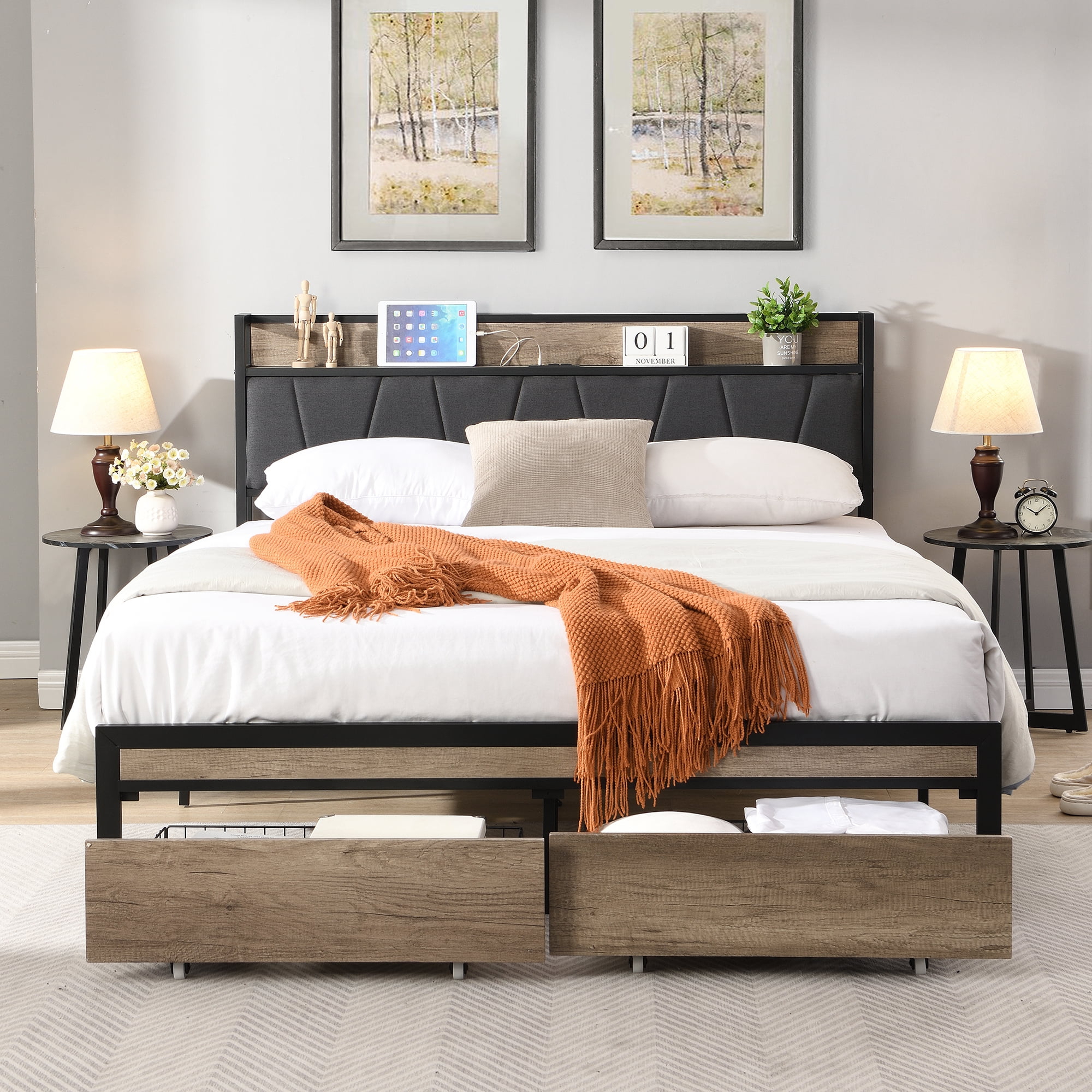 Leumius Queen Size Bed Frame with USB Port, Upholstered Platform Bed with 2 Drawers & Storage Shelf, Queen