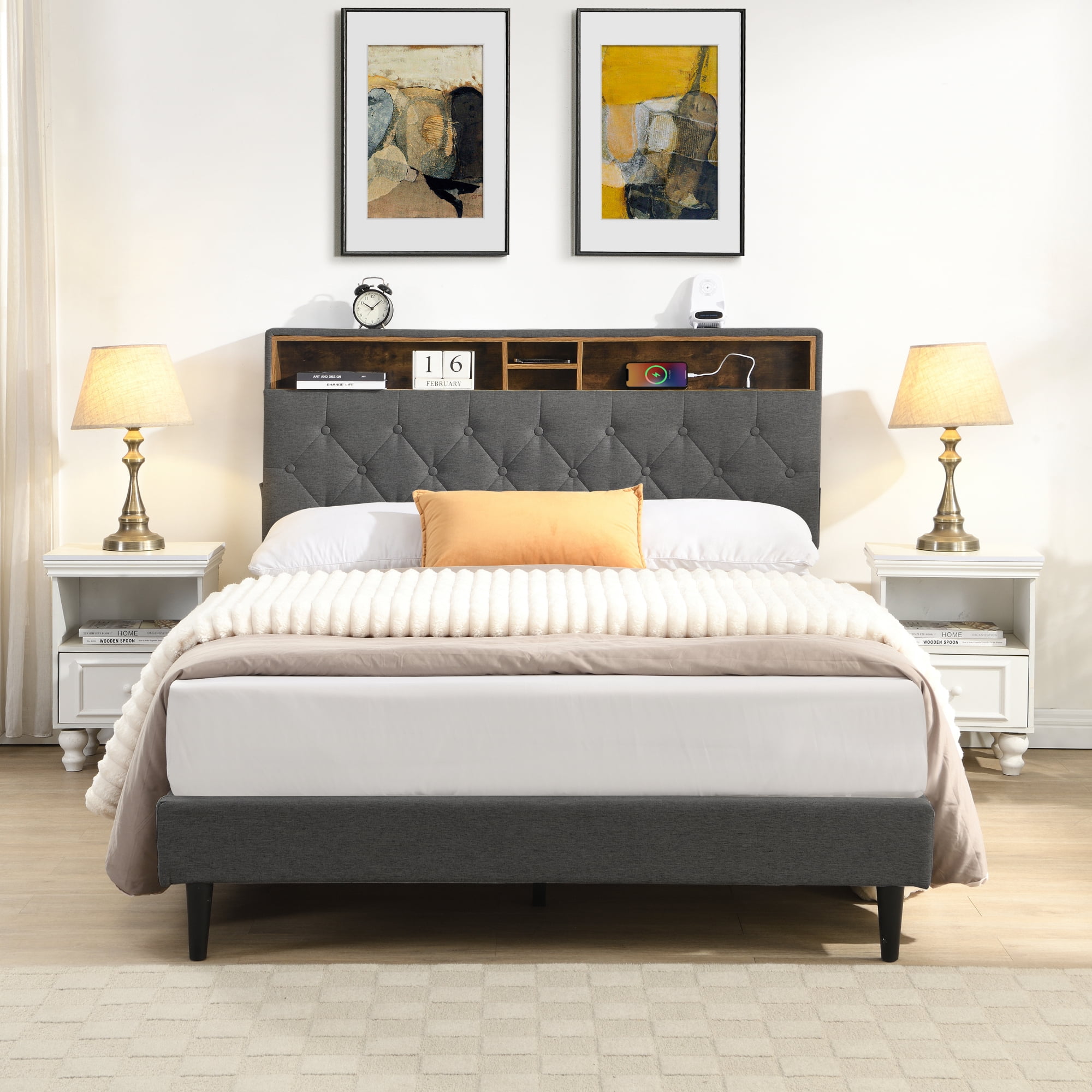 Leumius Queen Size Bed Frame with USB Ports, Modern Platform Bed with Tufted Upholstered Headboard & Storage Shelf, Queen