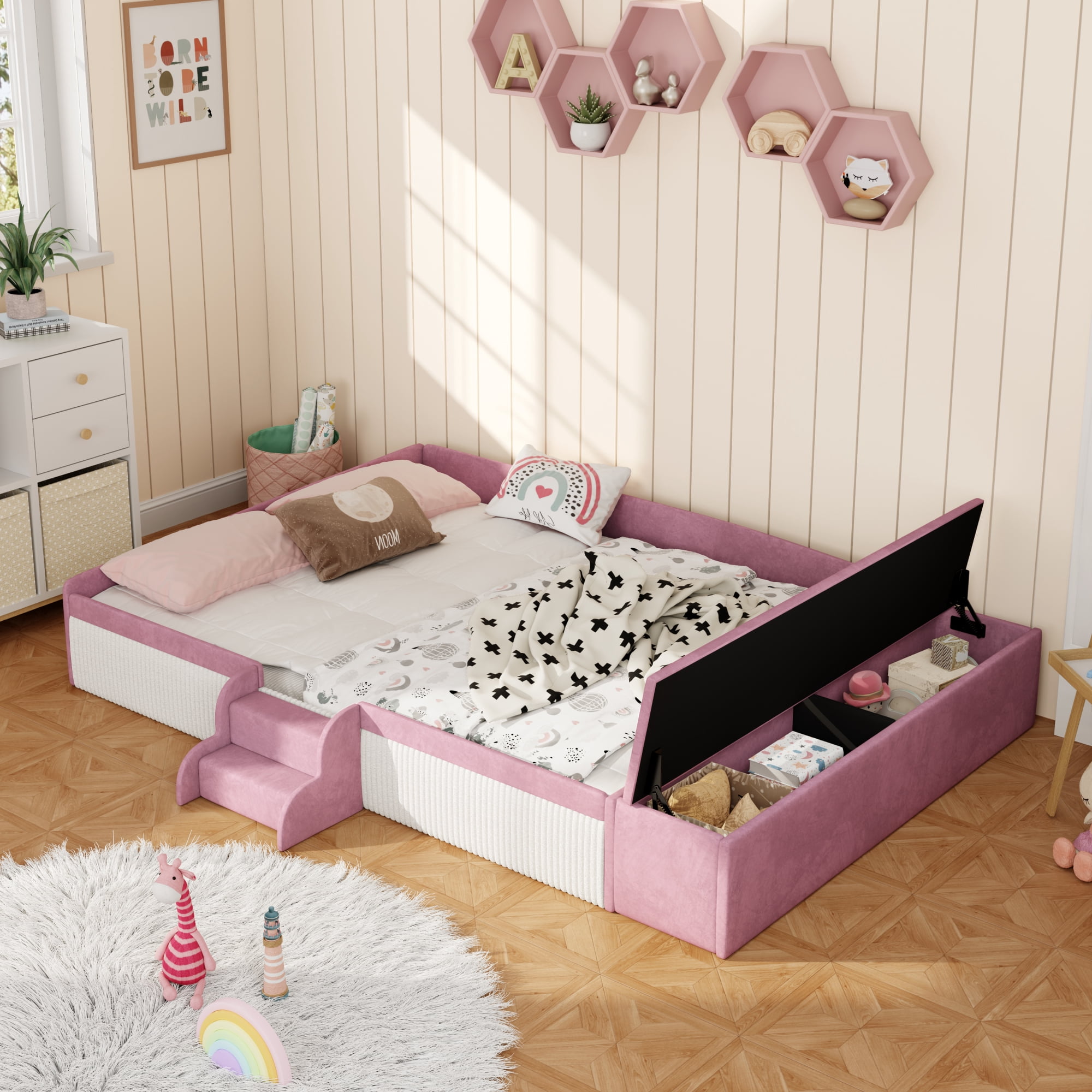 Leumius Queen Size Floor Bed Frame with Stairs & Gas Lift Storage Ottoman, Velvet Upholstered Daybed with Padded Guardrails, Pink+White