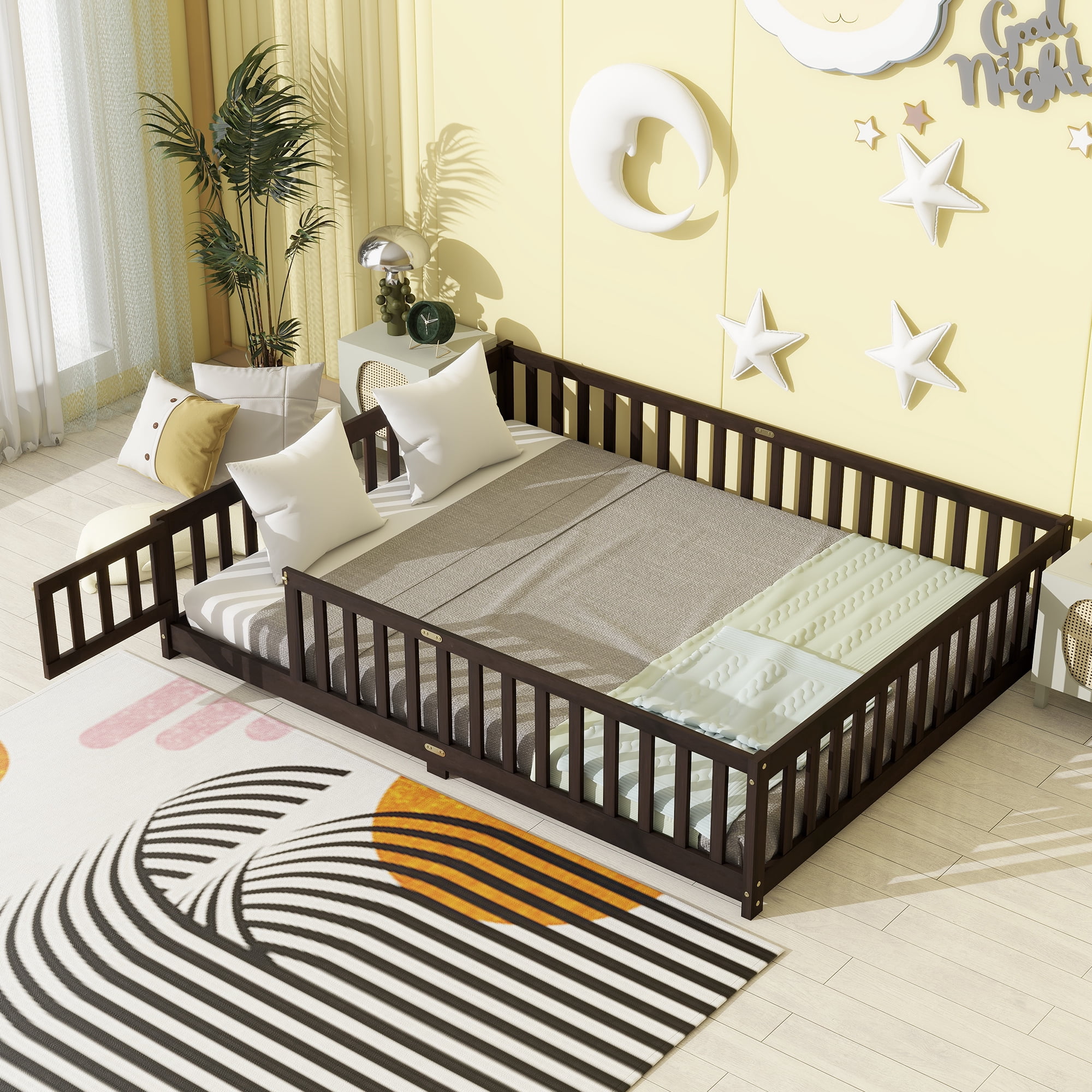 Leumius Queen Size Floor Bed with Fence and Door, Montessori Floor Bed with Safety Guardrails for Boys Girls Espresso