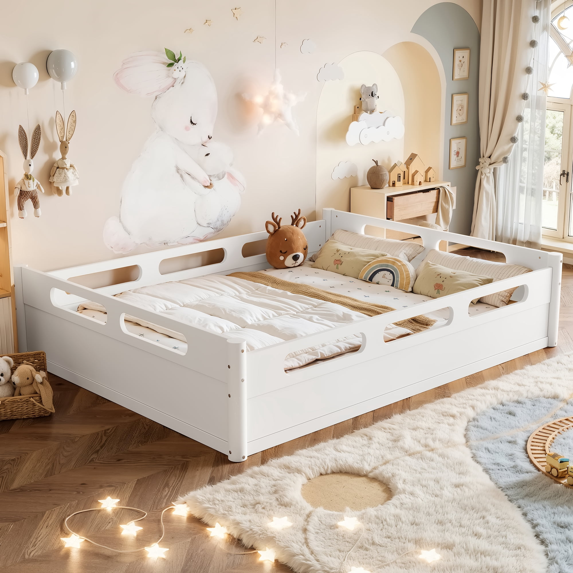 Leumius Queen Size Floor Bed with Full-length Guardrails,Low Profile Montessori Bed Frame,Easy Assembly, No Box Spring Needed,White