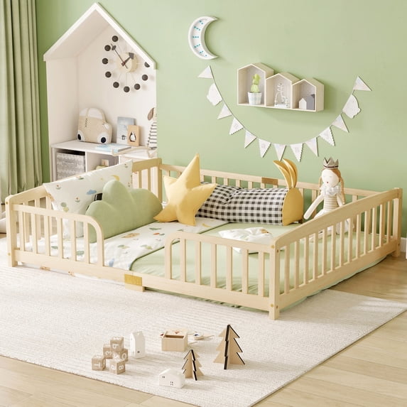 Leumius Queen Size Floor Fence Bed with Central Entrance,Pine Wood Floor bed with Guardrails,Natural