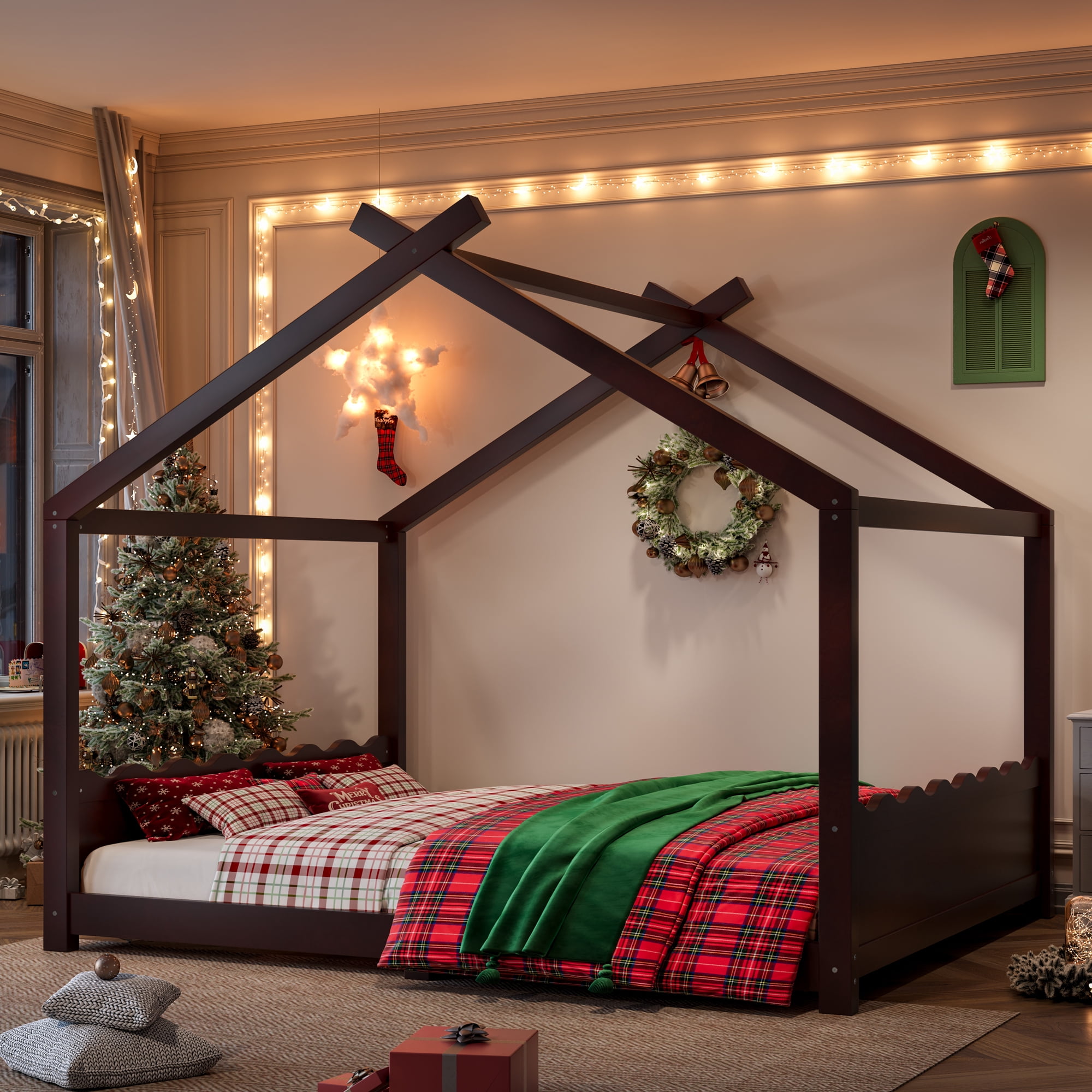 Leumius Queen Size House Shape Bed,Montessori House Bed Solid Wood Floor Bed for Kids,No Box Spring Needed,Espresso