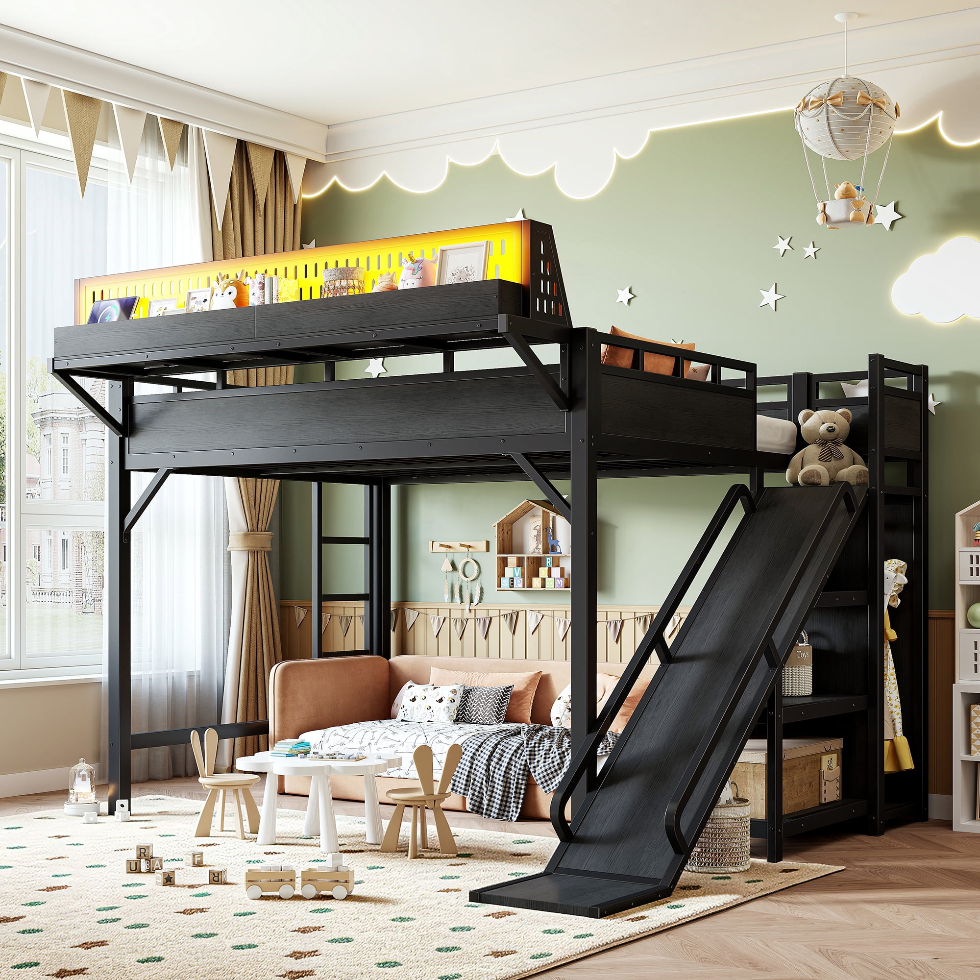Leumius Queen Size Loft Bed with Slide,Storage Shelves and Built-in Wardrobe,Metal Loft Bed Frame with USB Ports and LED Lights,Pegboard,Safety and Solid,Black