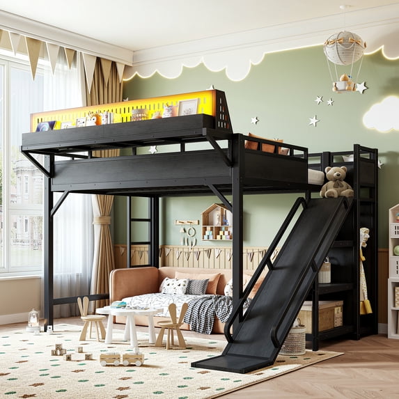 Medical Slider Racks Leumius Queen Size Loft Bed with Slide,Storage Shelves and Built-in ...