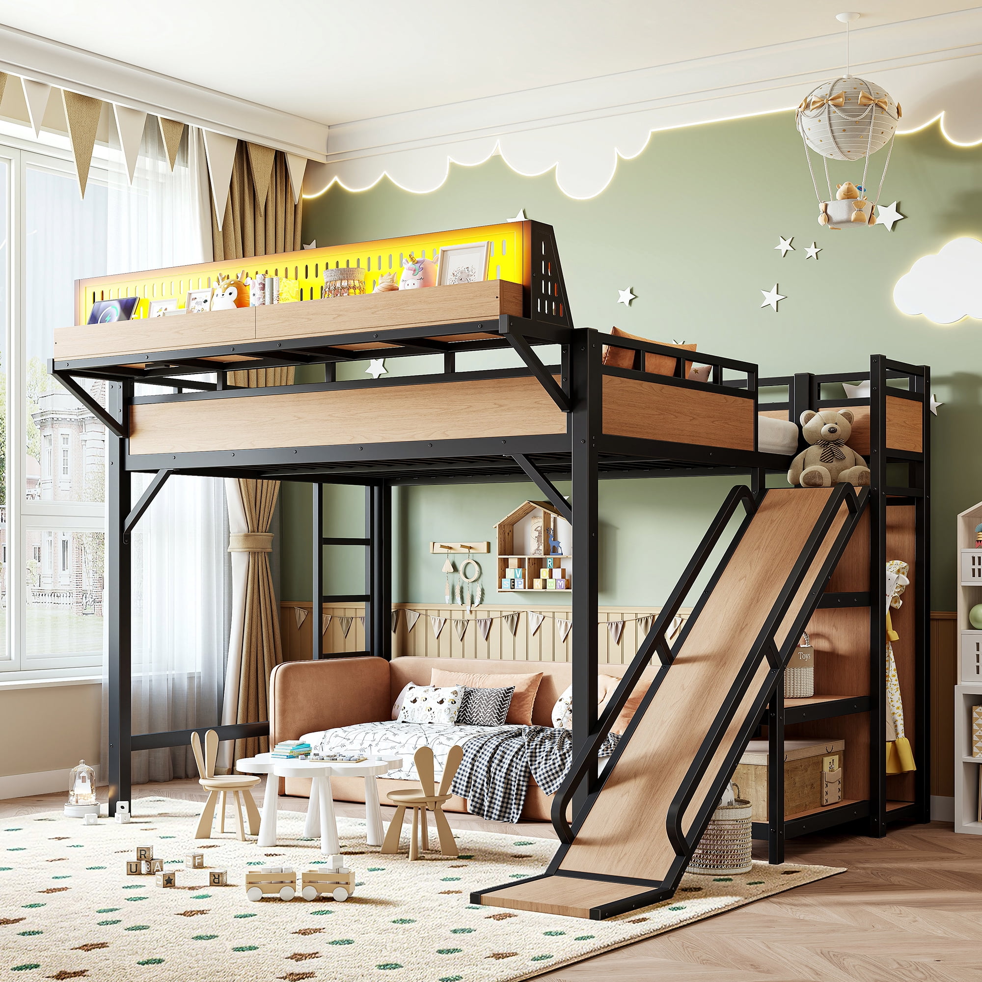 Leumius Queen Size Loft Bed with Slide,Storage Shelves and Built-in Wardrobe,Metal Loft Bed Frame with USB Ports and LED Lights,Pegboard,Safety and Solid,Natural