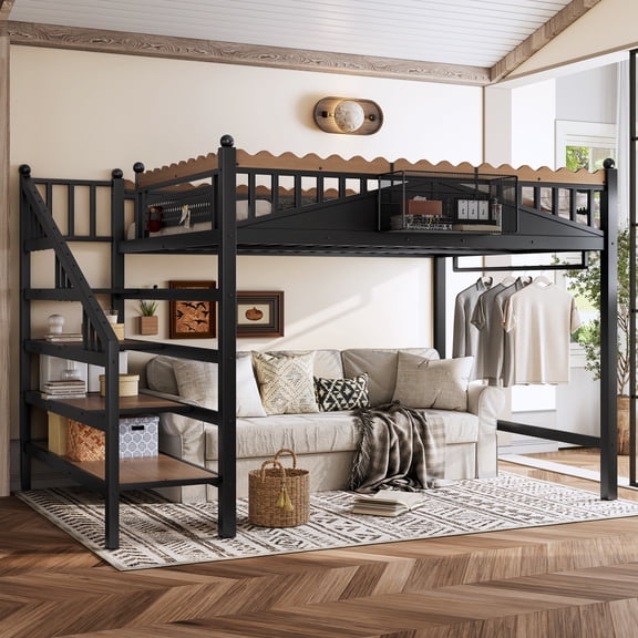Leumius Queen Size Loft Bed with Storage Stairs,Heavy Duty Metal Loft Beds Frame with Storage Shelves and Bookshelf,High Loft Bed with Large Under-Bed Space,Black