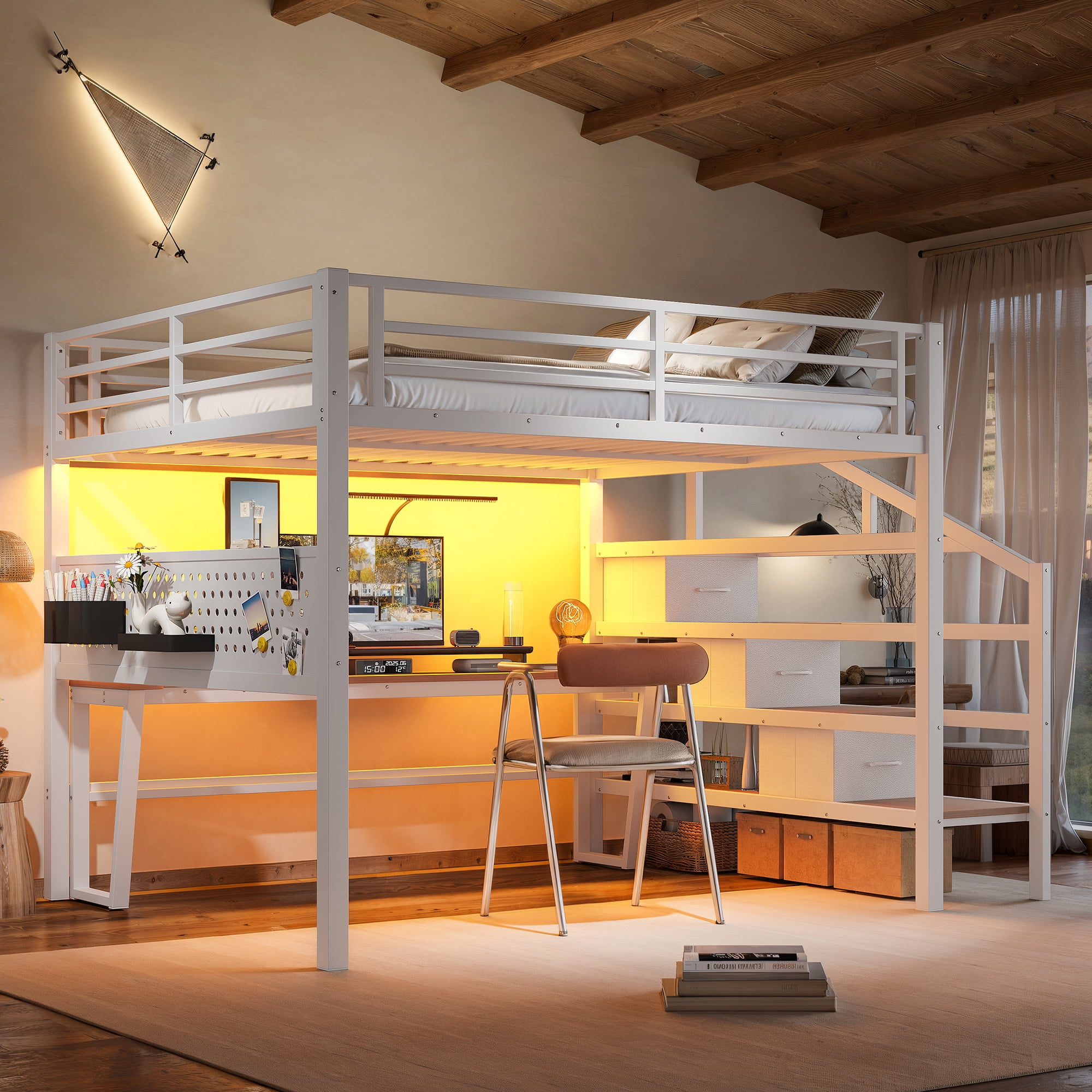 Leumius Queen Size Loft Bed with Storage Stairs and Movable Desk with USB,Metal Loft Bed Frame with 3 Fabric Drawers and LED, Full-Length Guardrail and Pegboard,Antique White