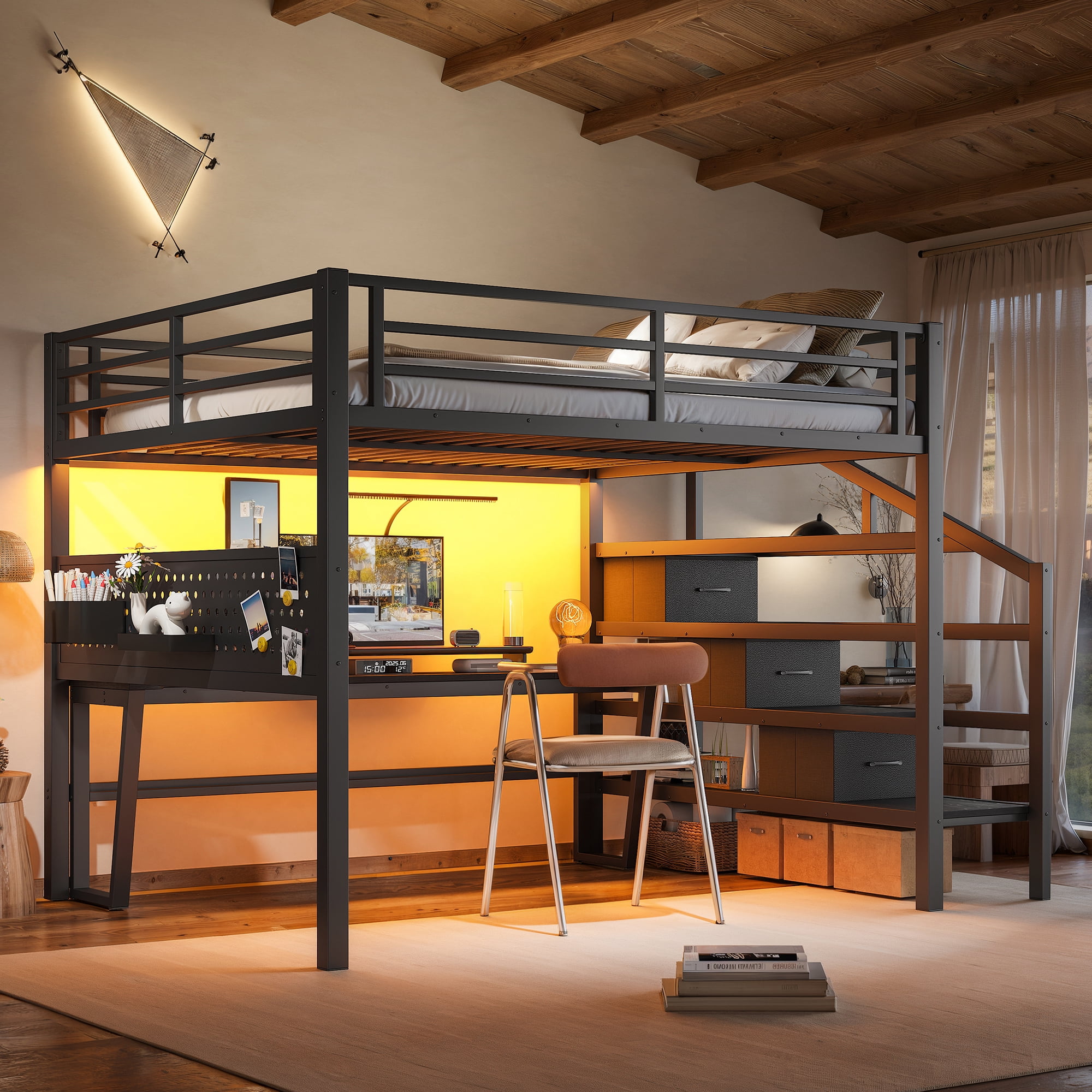 Leumius Queen Size Loft Bed with Storage Stairs and Movable Desk with USB,Metal Loft Bed Frame with 3 Fabric Drawers and LED, Full-Length Guardrail and Pegboard,Black