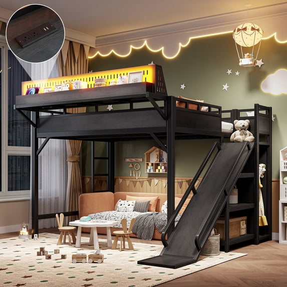 Leumius Queen Size Loft Bed with Slide, Storage Shelves and Built-in Wardrobe,Metal Loft Bed Frame with USB Ports and LED Lights,Pegboard,Black