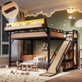 thumbnail image 1 of Leumius Queen Size Loft Bed with Slide, Storage Shelves and Built-in Wardrobe,Metal Loft Bed Frame with USB Ports and LED Lights,Pegboard,Natural, 1 of 11