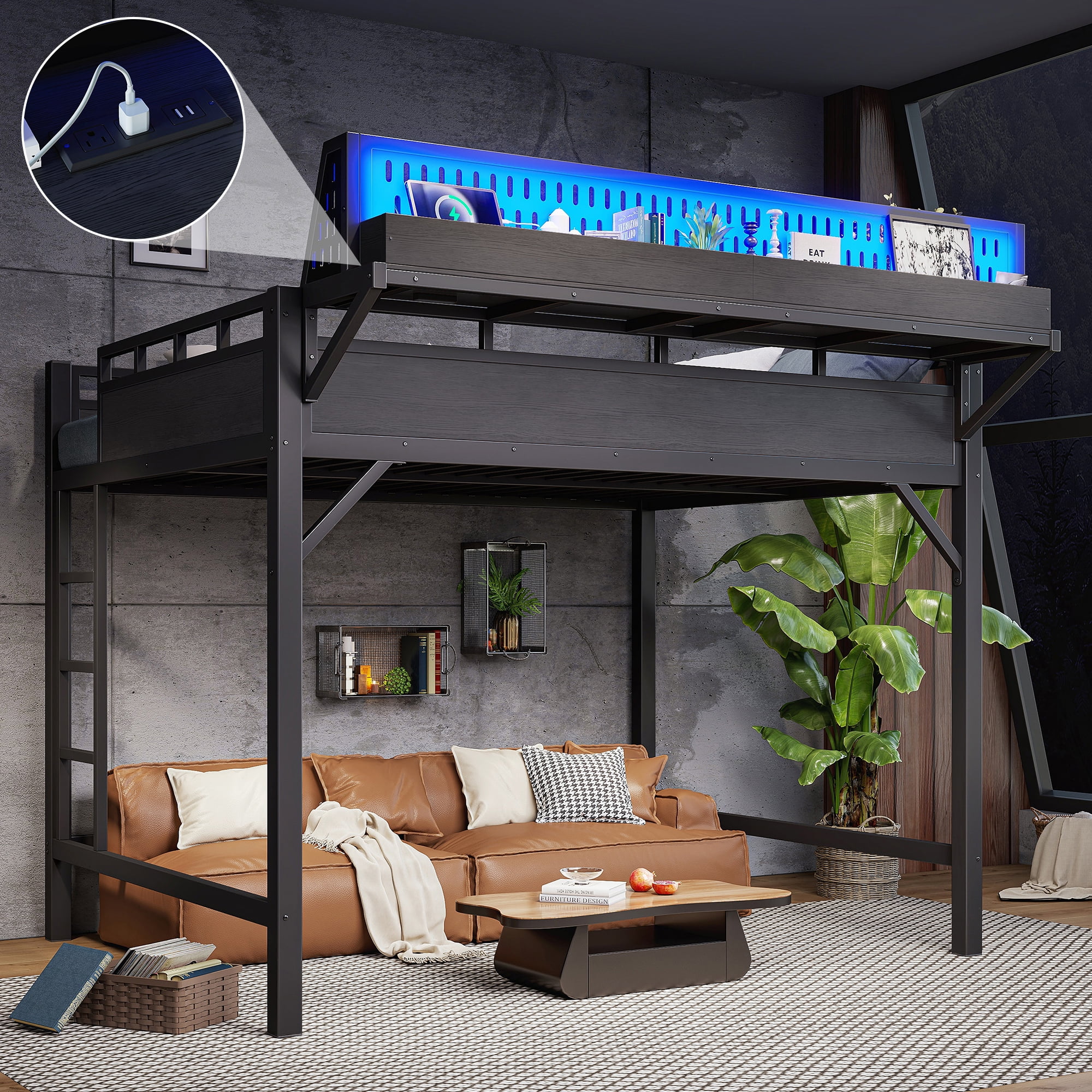 Leumius Queen Size Loft Bed with Storage Shelves and Pegboard,Metal Loft Bed Frame with USB Ports and LED Lights,Black