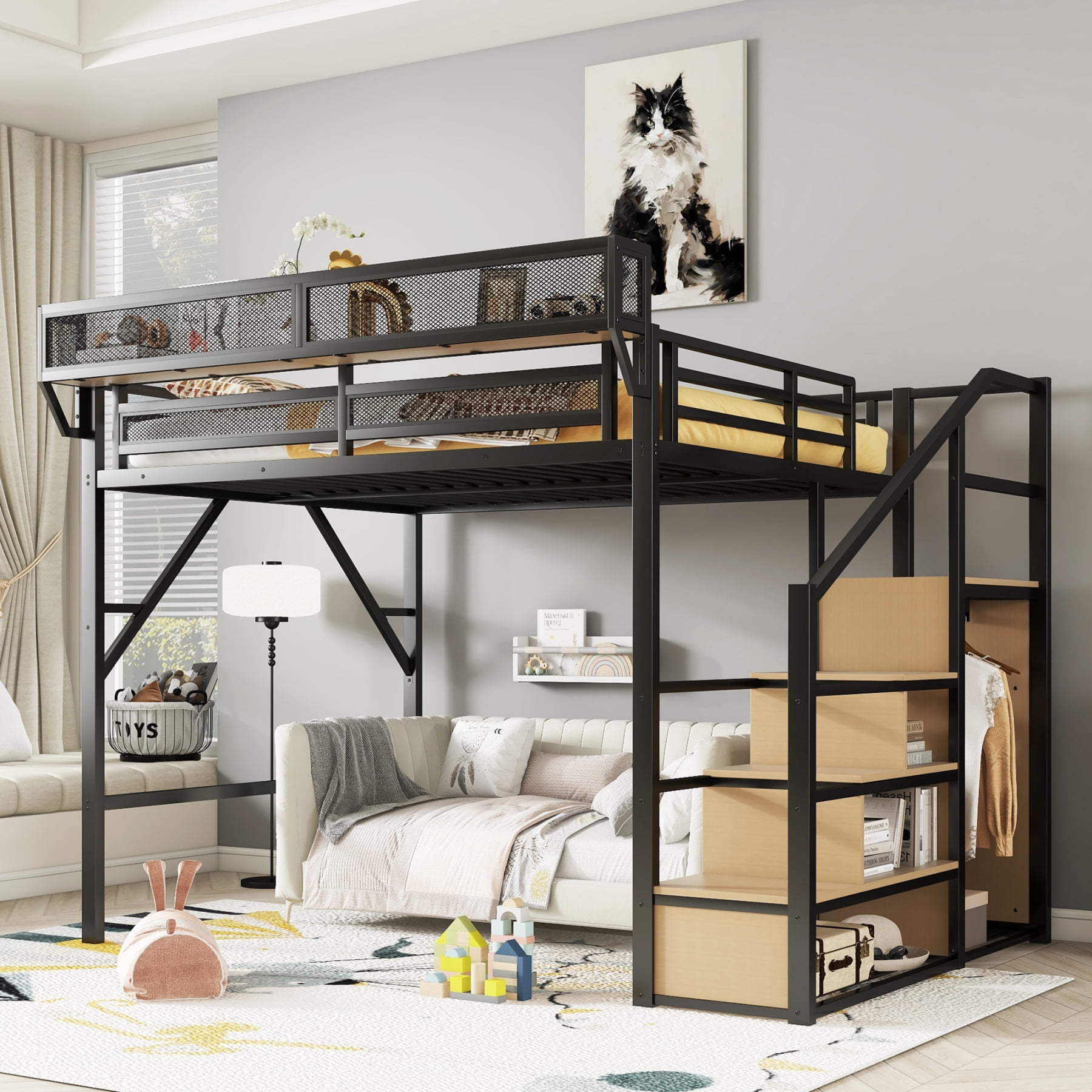 Leumius Queen Size Loft Bed with Wardrobe, Metal Queen Loft Bed with Storage Shelves, High Loft Bed with Stairs for Kids Teens Adults, Black