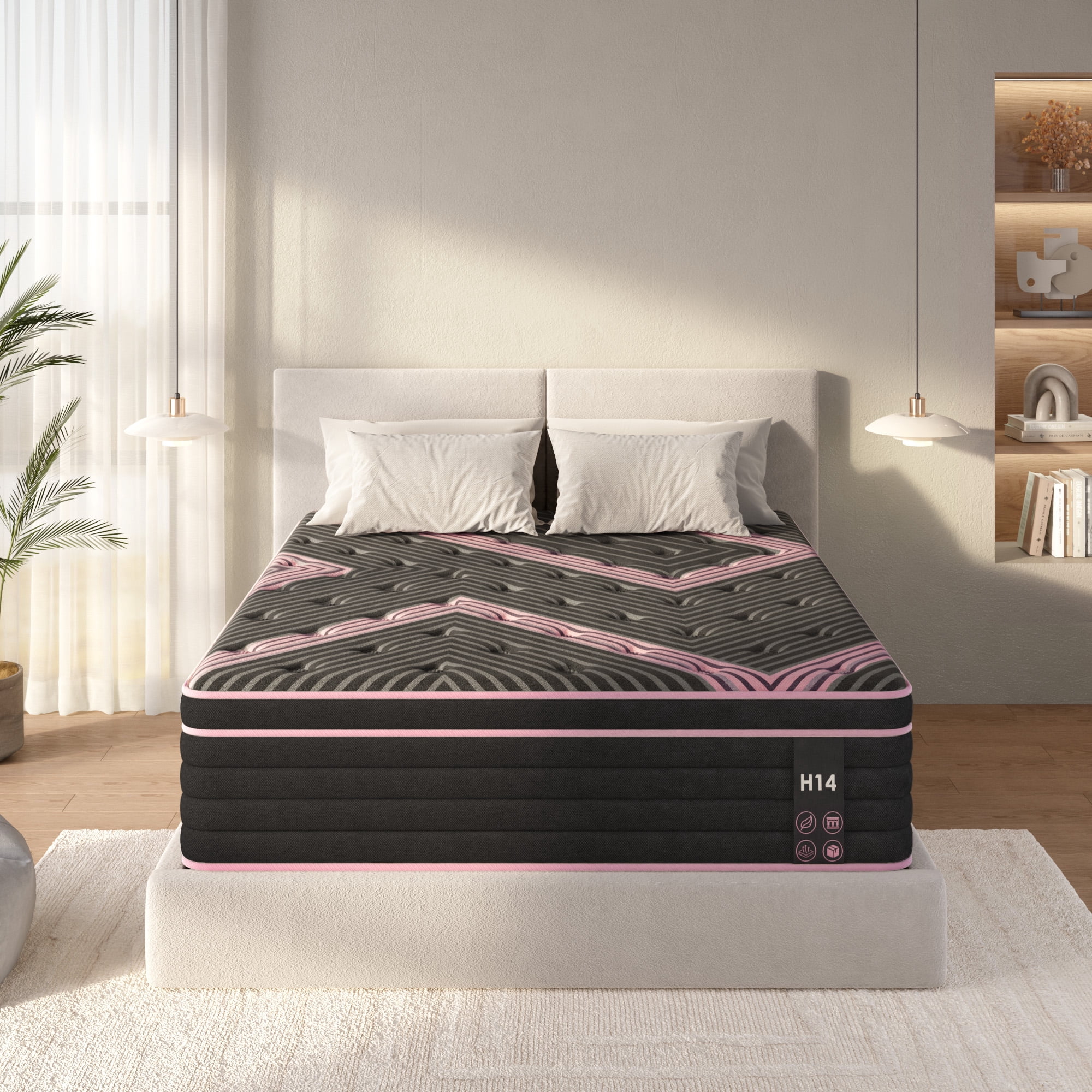 Leumius Queen Size Mattress 12" Hybrid Mattress in a Box,Individually Pocketed Innerspring, Medium Firm,Pressure Relief,Pink