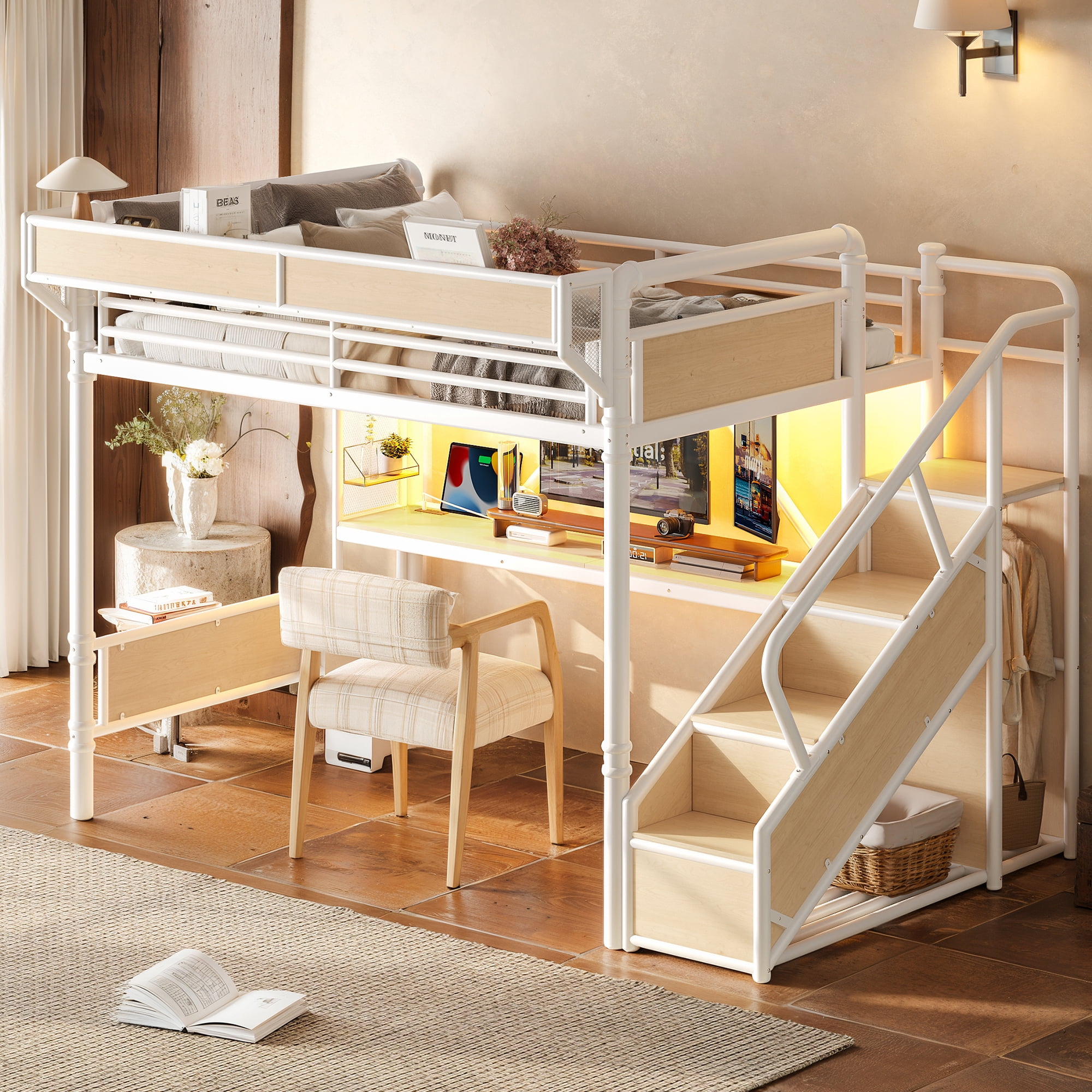 Leumius Queen Size Metal Loft Bed with Built-in Desk & Power Outlet, LED Strip, Industrial Metal Loft Bed Frame with Pegboard & Mesh Storage Baskets, Storage Stairs with Wardrobe, White