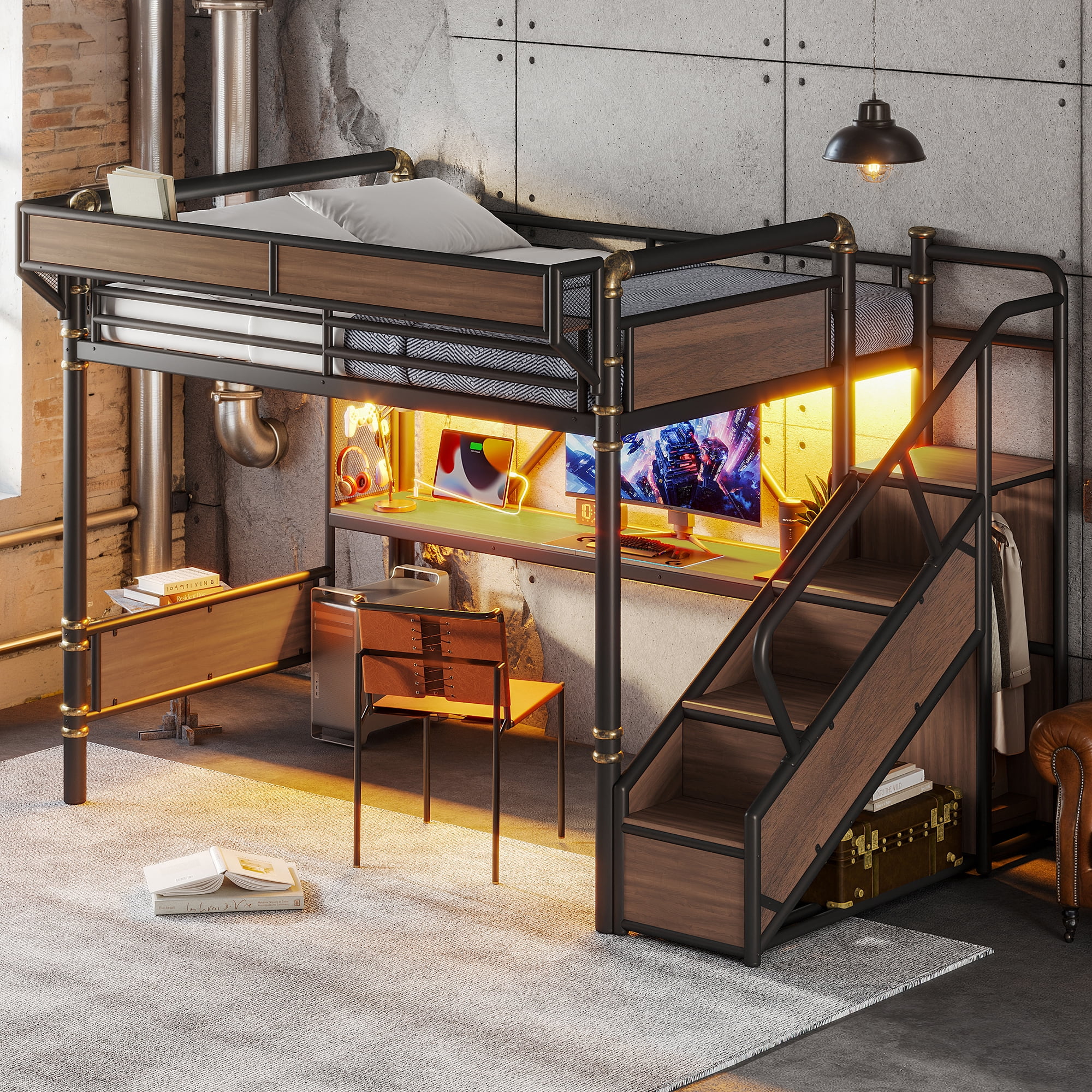 Leumius Queen Size Metal Loft Bed with Built-in Desk & Power Outlet, LED Strip, Industrial Metal Loft Bed Frame with Pegboard & Mesh Storage Baskets, Storage Stairs with Wardrobe, Black