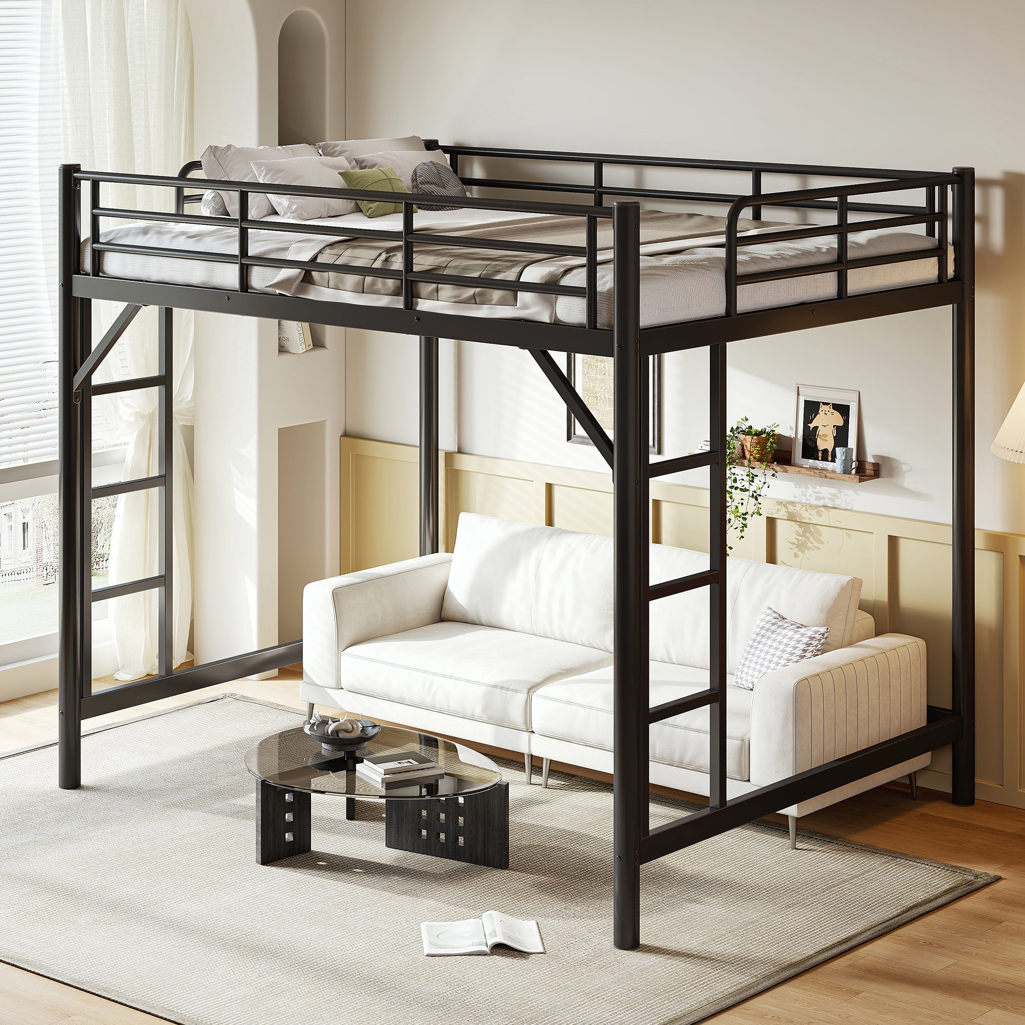 Leumius Queen Size Metal Loft Bed,Heavy Duty Metal Bed Frame with 2 Ladders and Full-Length Guardrail,Sturdy Steel Slats Support,