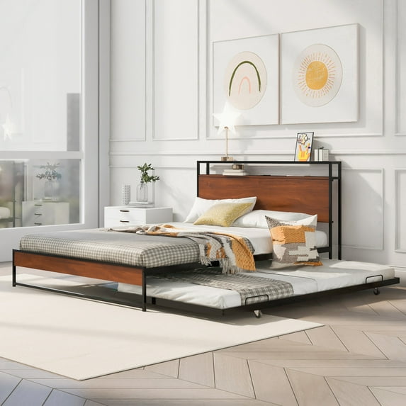 Leumius Queen Size Metal Platform Bed with Trundle and Outlet & USB Ports,Metal Bed Frame with Wooden Storage Headboard & Storage Shelf,Black
