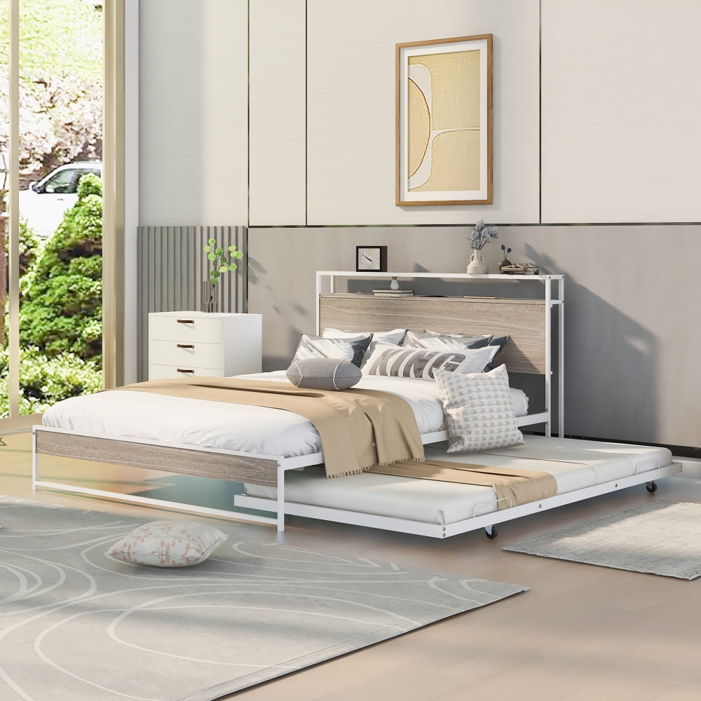 Leumius Queen Size Metal Platform Bed with Trundle and Outlet & USB Ports,Metal Bed Frame with Wooden Storage Headboard & Storage Shelf,White