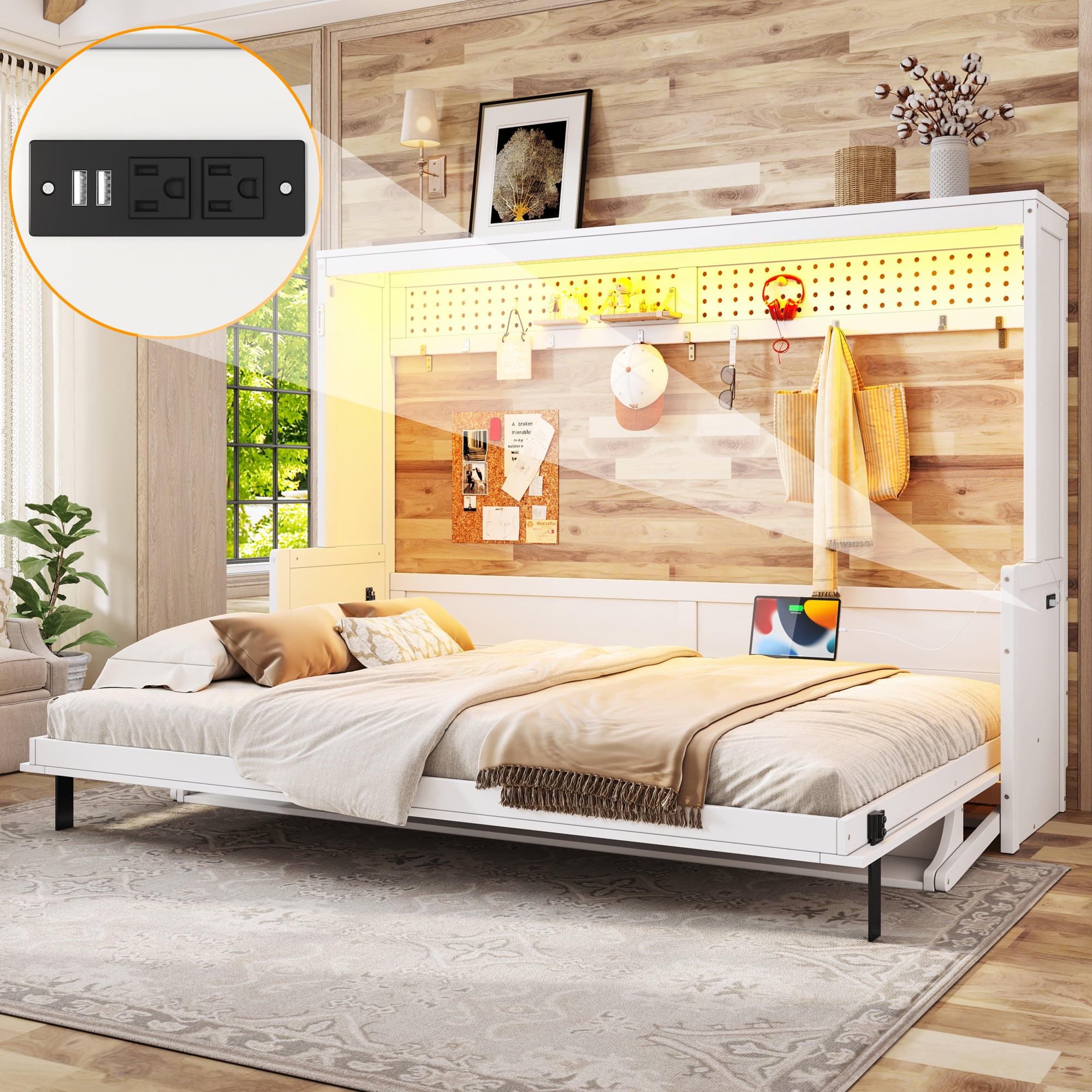 Leumius Queen Size Murphy Bed with Storage & Charging Station,Modern Murphy Cabinet with Desk,Multifunctional Storage Cabinet Bed with Foldable Panel for Guest Bedroom, Living Room, Office,White