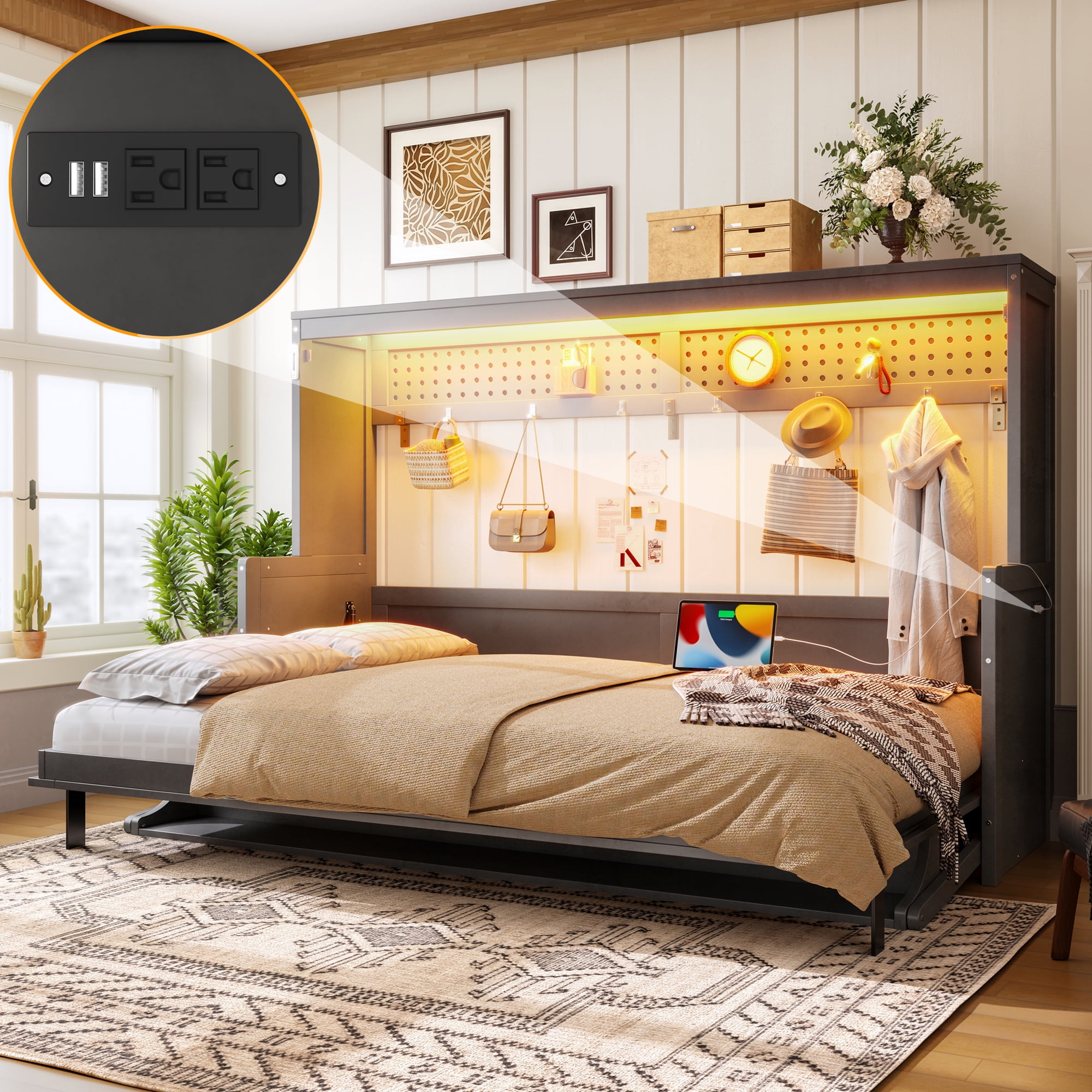 Leumius Queen Size Murphy Bed with Storage & Charging Station,Modern Murphy Cabinet with Desk,Multifunctional Storage Cabinet Bed with Foldable Panel for Guest Bedroom, Living Room, Office,Dark Gray