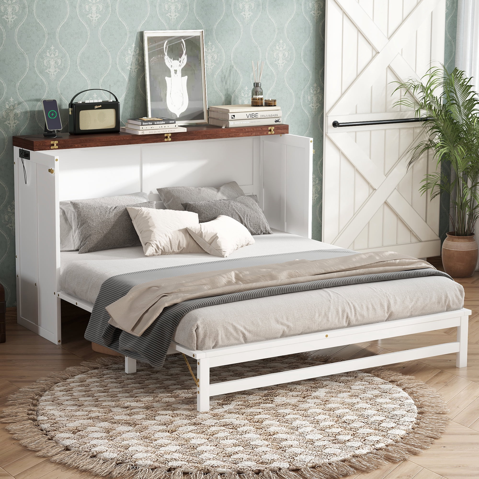 Leumius Queen Size Murphy Bed with Storage Drawer and Charging Station, USB Port, Solid Pine Murphy Bedframe for Home Office Studio or Guest Room White