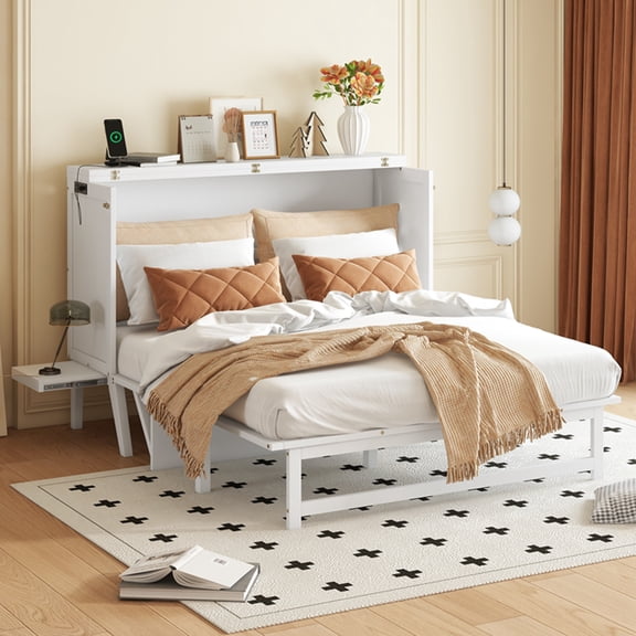 Leumius Queen Size Murphy Bed with USB Port and Removable Shelves on Each Side, Solid Pine Murphy Cabinet Bed for Home Office Guest Room White