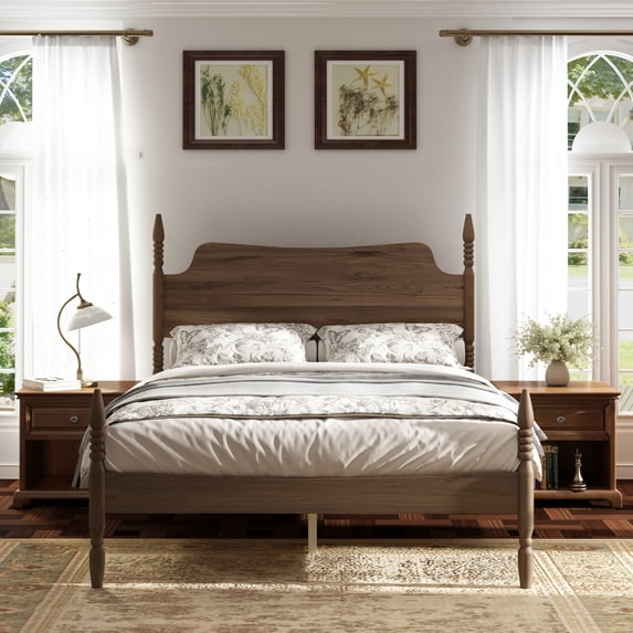Leumius Queen Size Platform Bed Frame, Spindle Bed with Curved Tall Headboard, No Box Spring Needed, Retro Four Poster Bed for Teens Adults Walnut