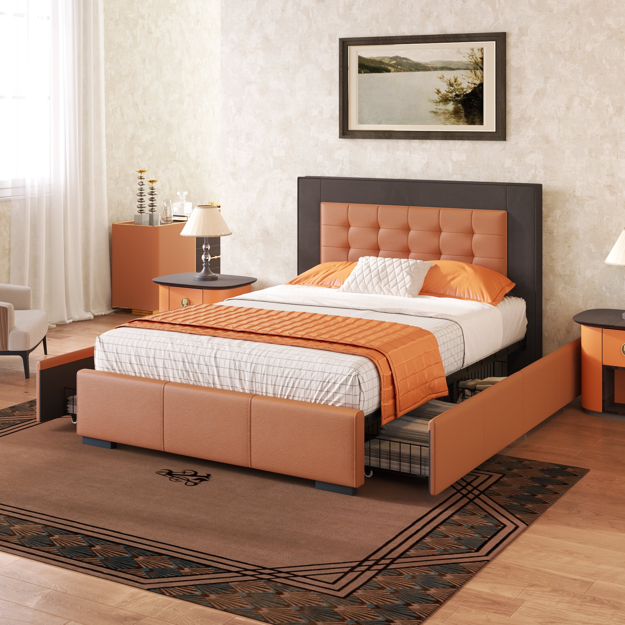 Leumius Queen Size Platform Bed Frame with 4 Drawers,PU Leather & Velvet Bed Frame with Button Tufted Headboard, Orange and Brown