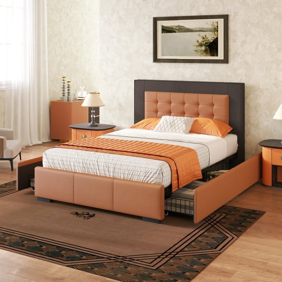 Leumius Queen Size Platform Bed Frame with 4 Drawers,PU Leather & Velvet Bed Frame with Button Tufted Headboard, Orange and Brown