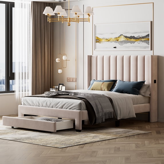 Leumius Queen Size Platform Bed with A Storage Drawer,Velvet Upholstered Bed Frame with Wingback Vertical Channel Tufted Headboard,Beige