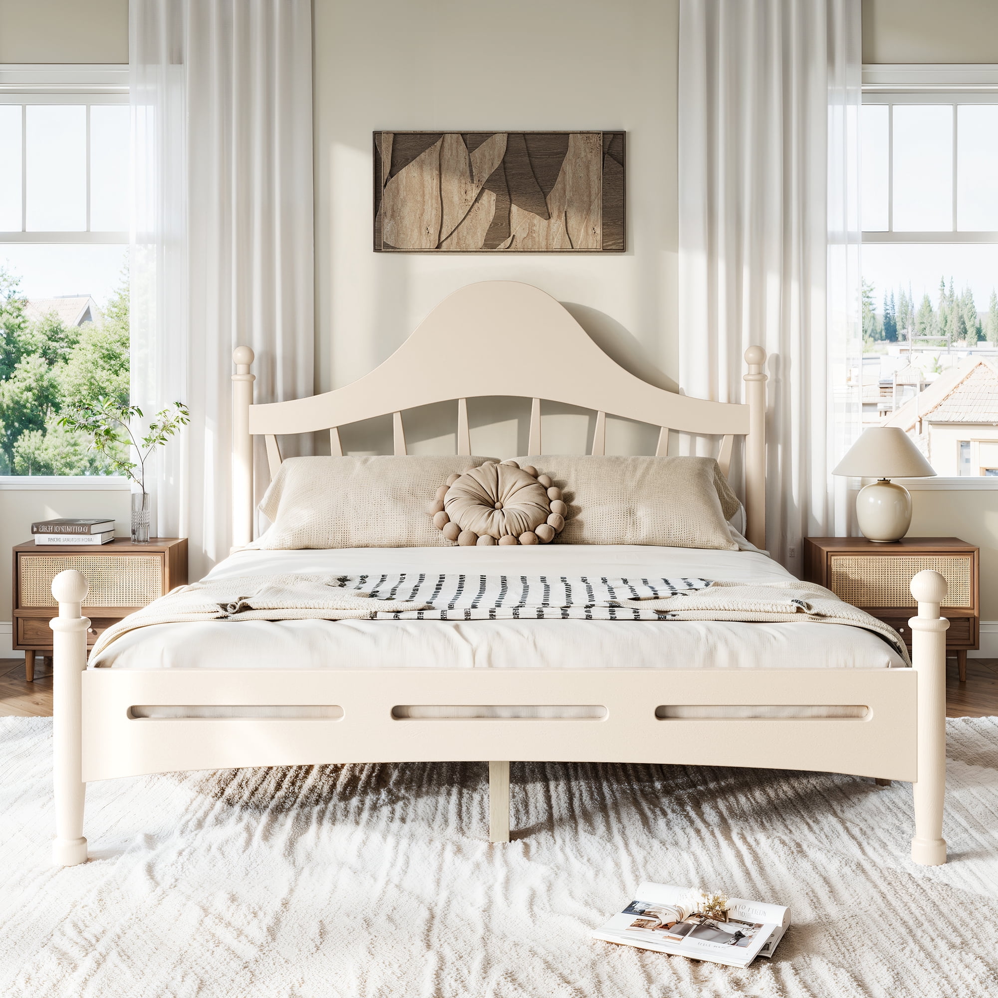 Leumius Queen Size Platform Bed with Chic Headboard, Solid Wood Bed Frame with Slatted Support, Low to Ground Design for Bedroom Beige