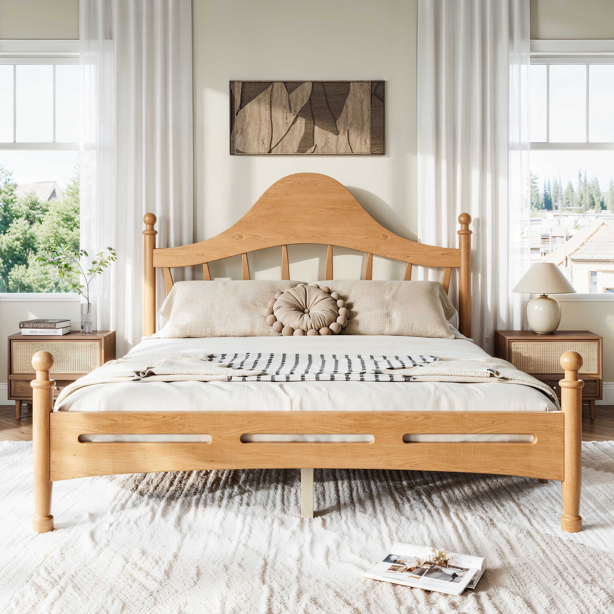 Leumius Queen Size Platform Bed with Chic Headboard, Solid Wood Bed Frame with Slatted Support, Low to Ground Design for Bedroom Natural