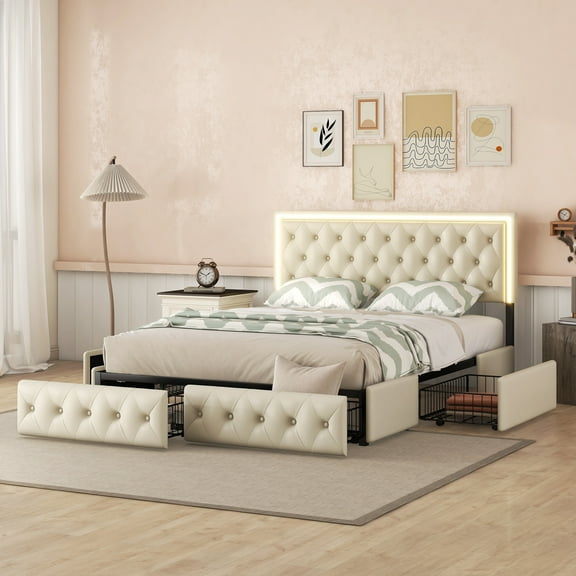 Leumius Queen Size Upholstered Bed Frame with 4 Storage Drawers,PU Leather Platform Bed with LED Headboard,Beige