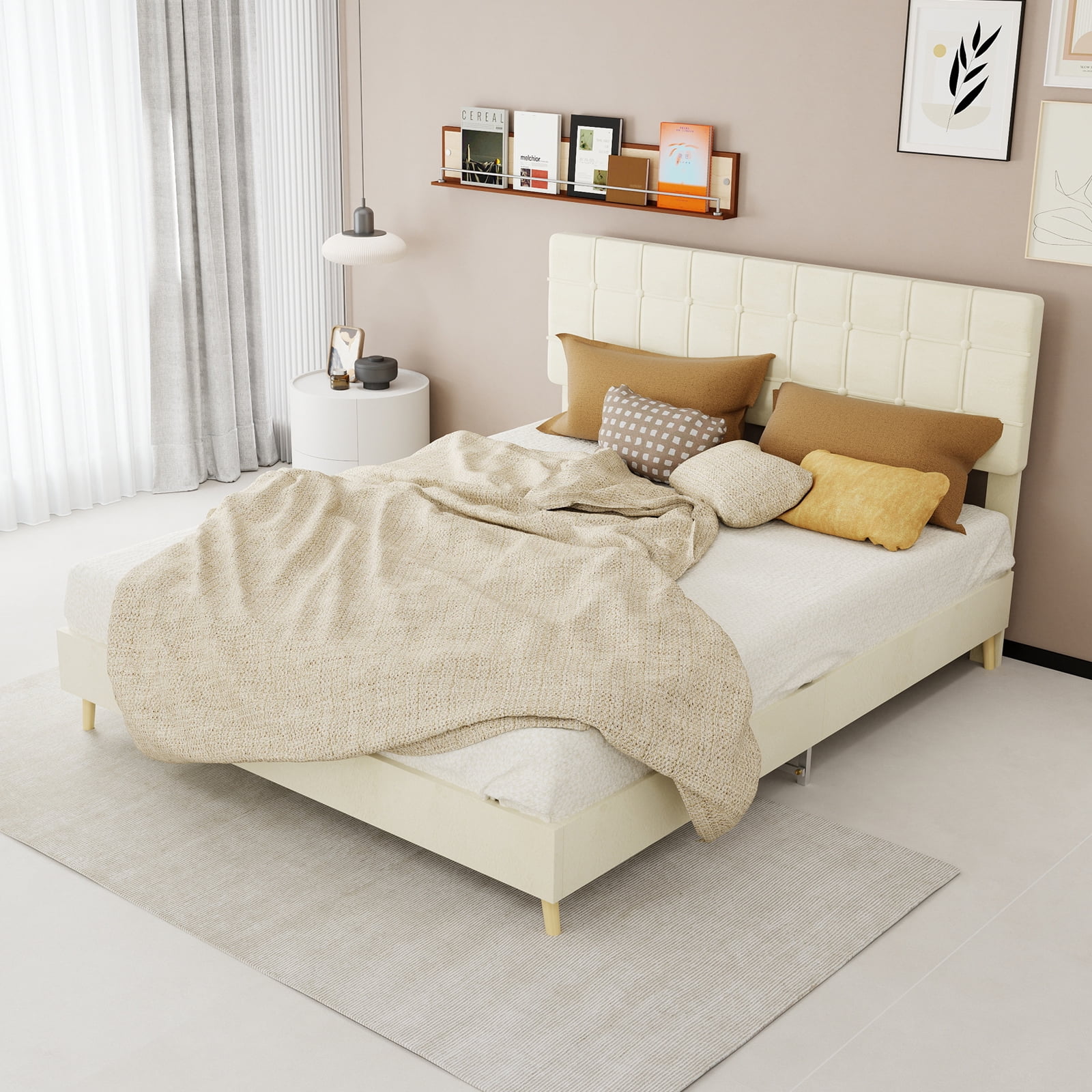 Leumius Queen Size Upholstered Platform Bed Frame with Tufted Headboard and Ergonomic Padding,Beige