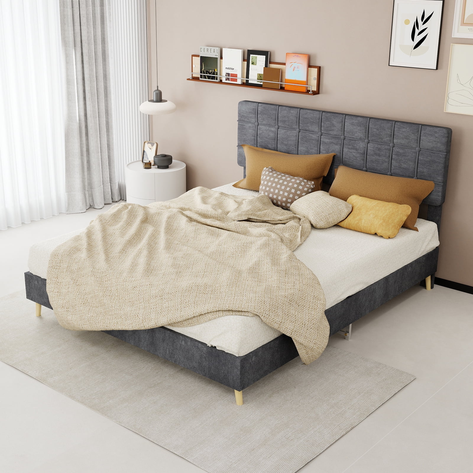 Leumius Queen Size Upholstered Platform Bed Frame with Tufted Headboard and Ergonomic Padding,Gray