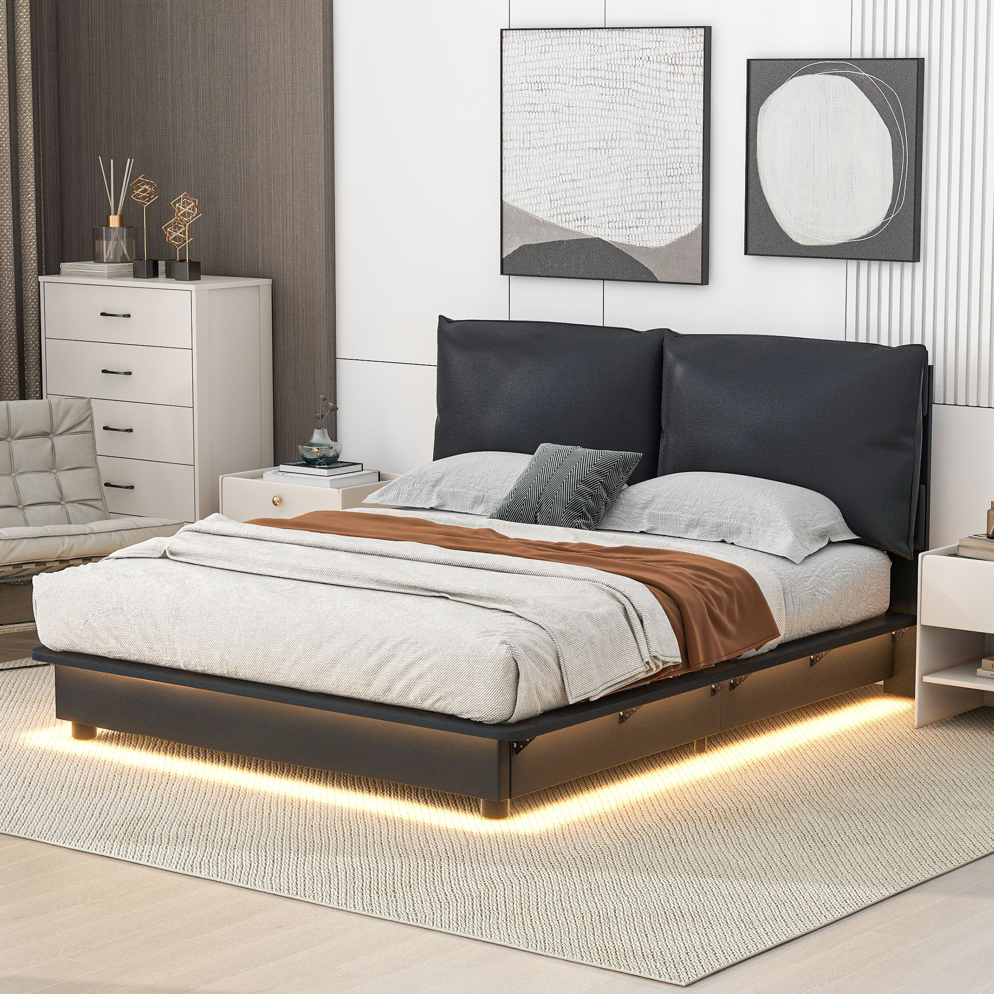 Leumius Queen Size Upholstered Platform Bed with Sensor Light & Ergonomic Design Backrests,Heavy Duty Bed Frame with Wood Slats Support,No Box Spring Needed,Black