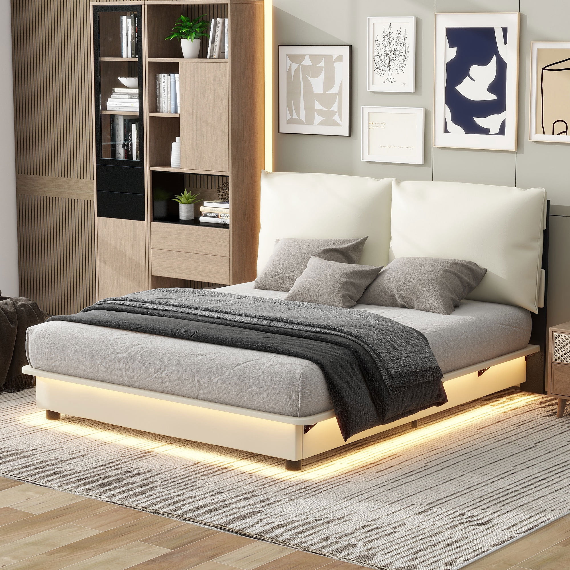 Leumius Queen Size Upholstered Platform Bed with Sensor Light & Ergonomic Design Backrests,Heavy Duty Bed Frame with Wood Slats Support,No Box Spring Needed,White