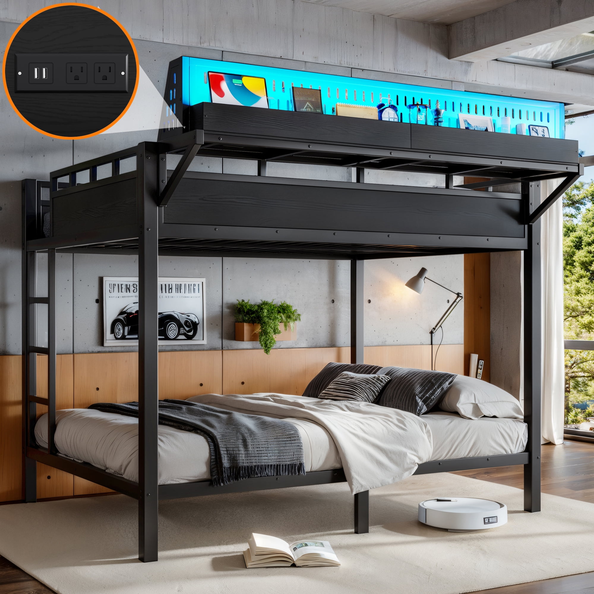 Leumius Queen over Queen Size Bunk Bed with Storage Shelves and Pegboard,Heavy Duty Metal Bunk Bed with USB Ports and LED Lights,Space-Saving,Black