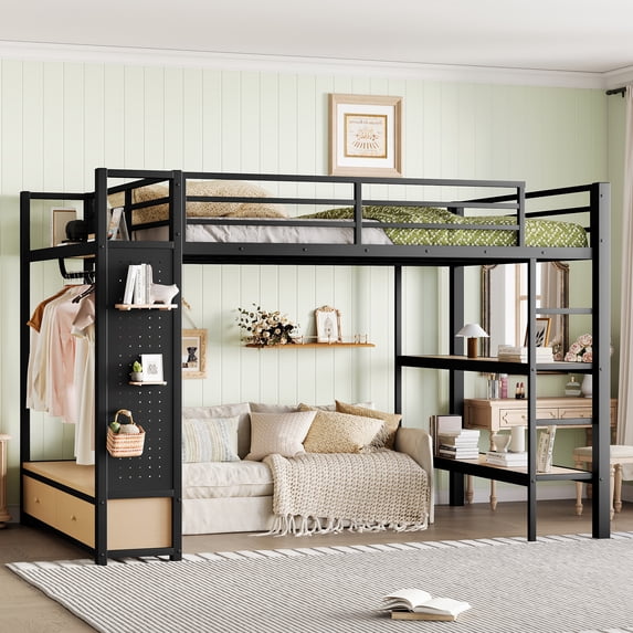 Leumius Queen size Loft Bed with Wardrobe,Metal Loft Bed Frame with Storage Shelves and Pegboard,