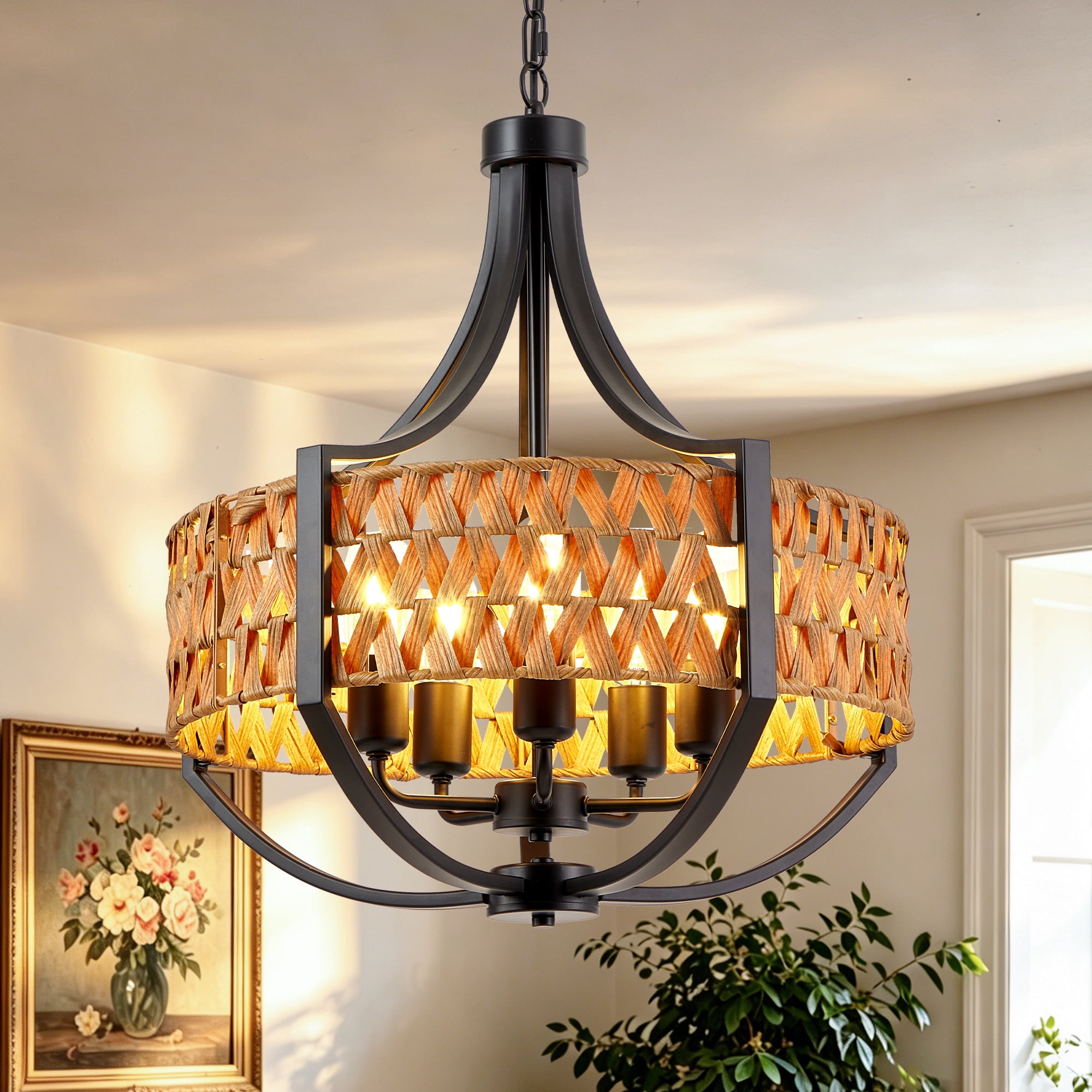 Leumius Rattan Chandelier, 5-Light Boho Chandelier with Natural Woven Reed Shade, Farmhouse Hanging Ceiling Light Pendant Light for Dining Room, Living Room, Foyer, Bedroom Hallway