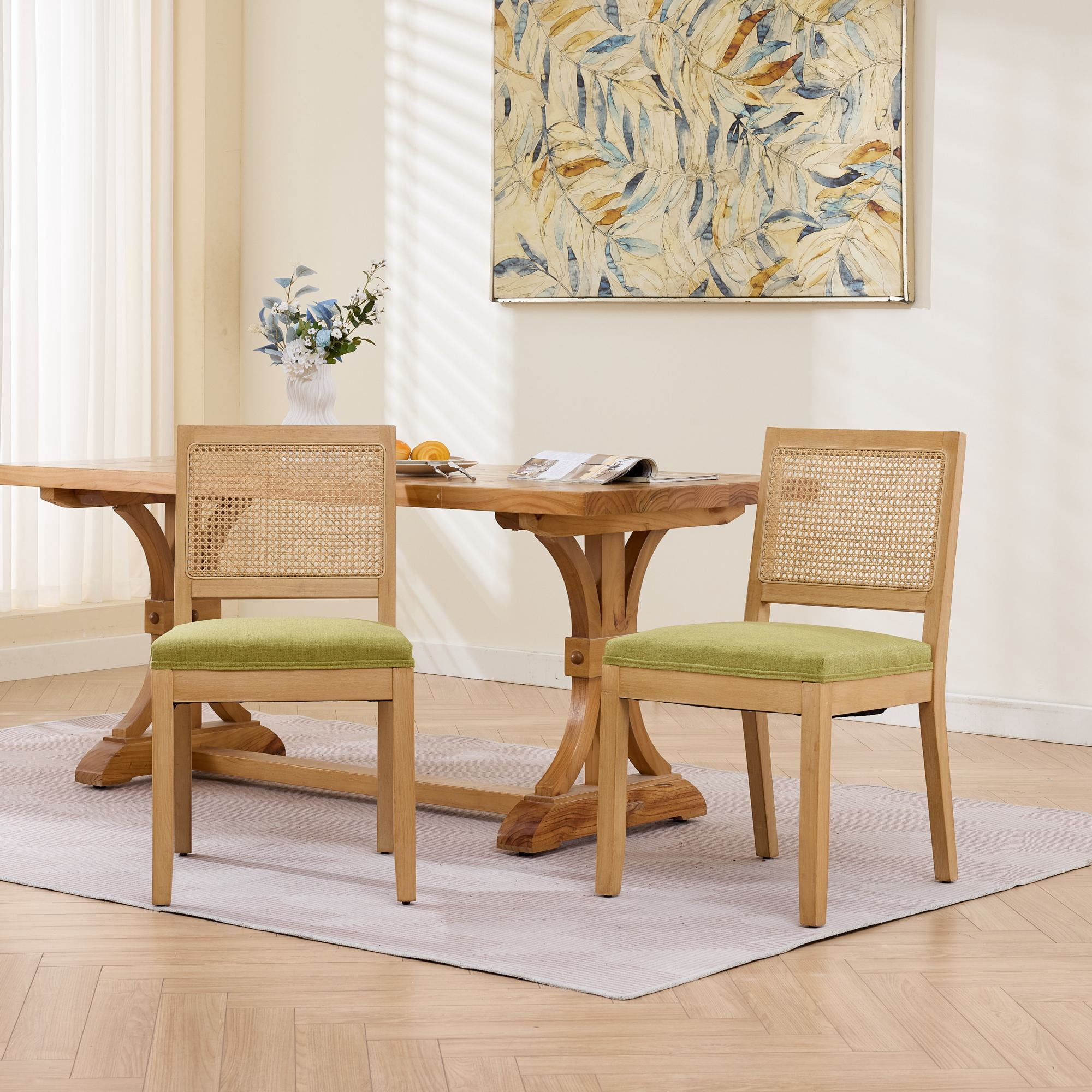 Leumius Rattan Dining Chairs Set of 2, Cane Upholstered Kitchen Side Chair with Natural Hardwood Frame for Kitchen, Dining Room, Living Room Olive Green