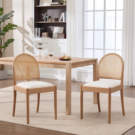 Leumius Rattan Dining Chairs Set of 2, Upholstered Linen Dining Room Chairs with Backrests, Modern Kitchen Chairs with Wood Legs for Dining Room, Beige