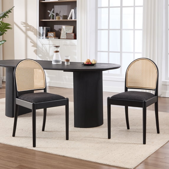 Leumius Rattan Dining Chairs Set of 2, Upholstered Linen Dining Room Chairs with Backrests, Modern Kitchen Chairs with Wood Legs for Dining Room, Black